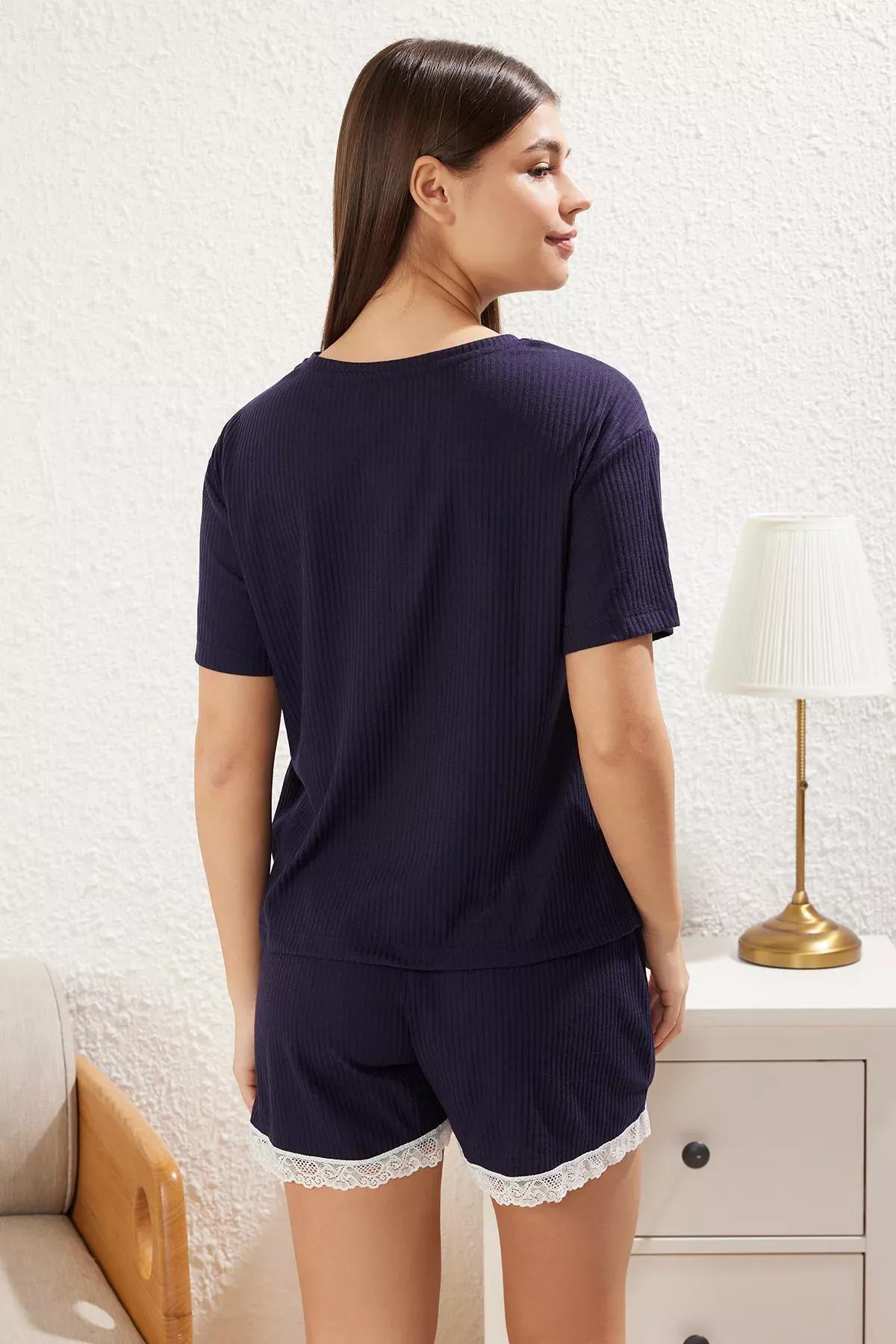Navy Lace Detail Pajama Set with Ribbed Shorts, , large image number 4