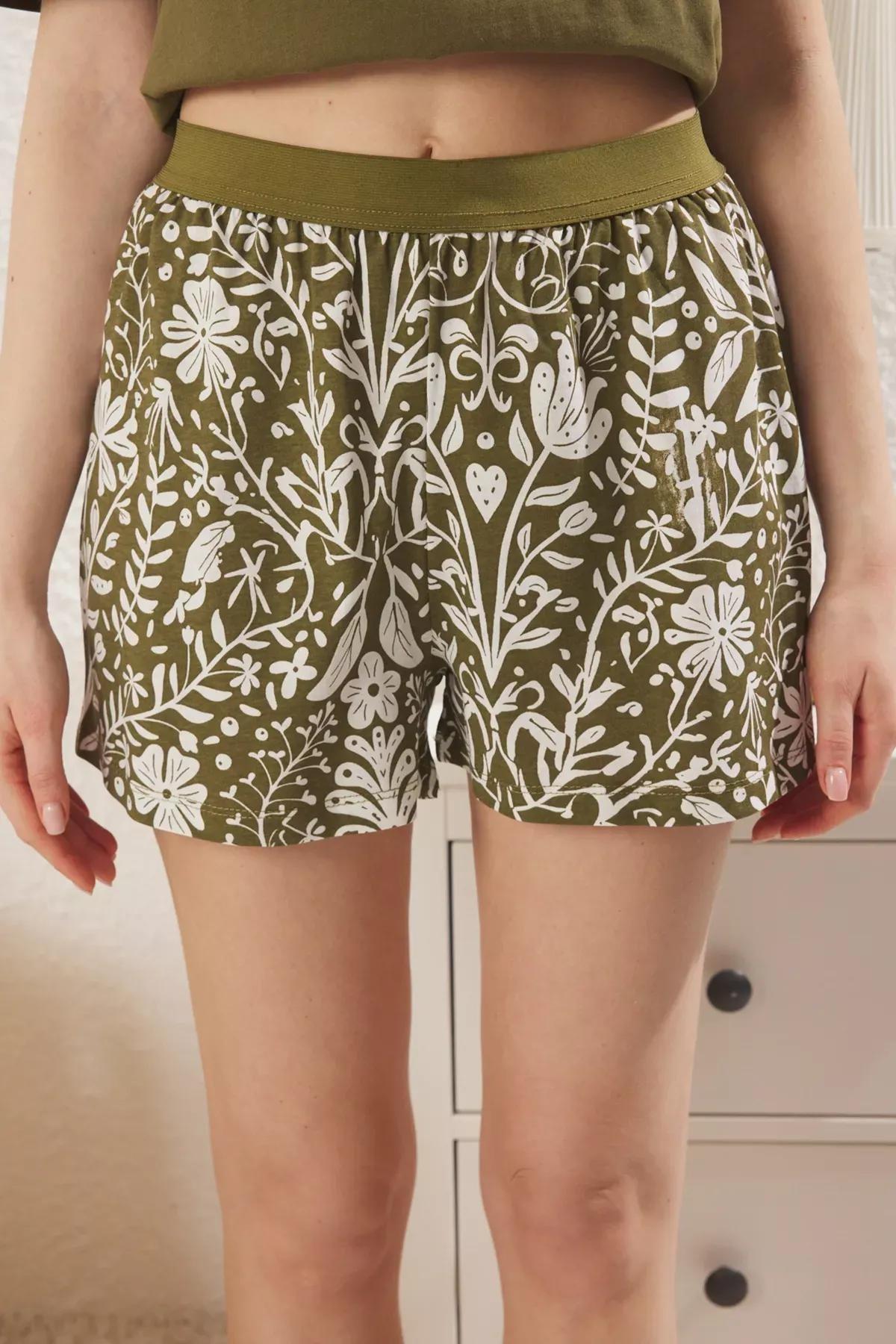Green Floral Knitted Pajama Set, Khaki, large image number 2