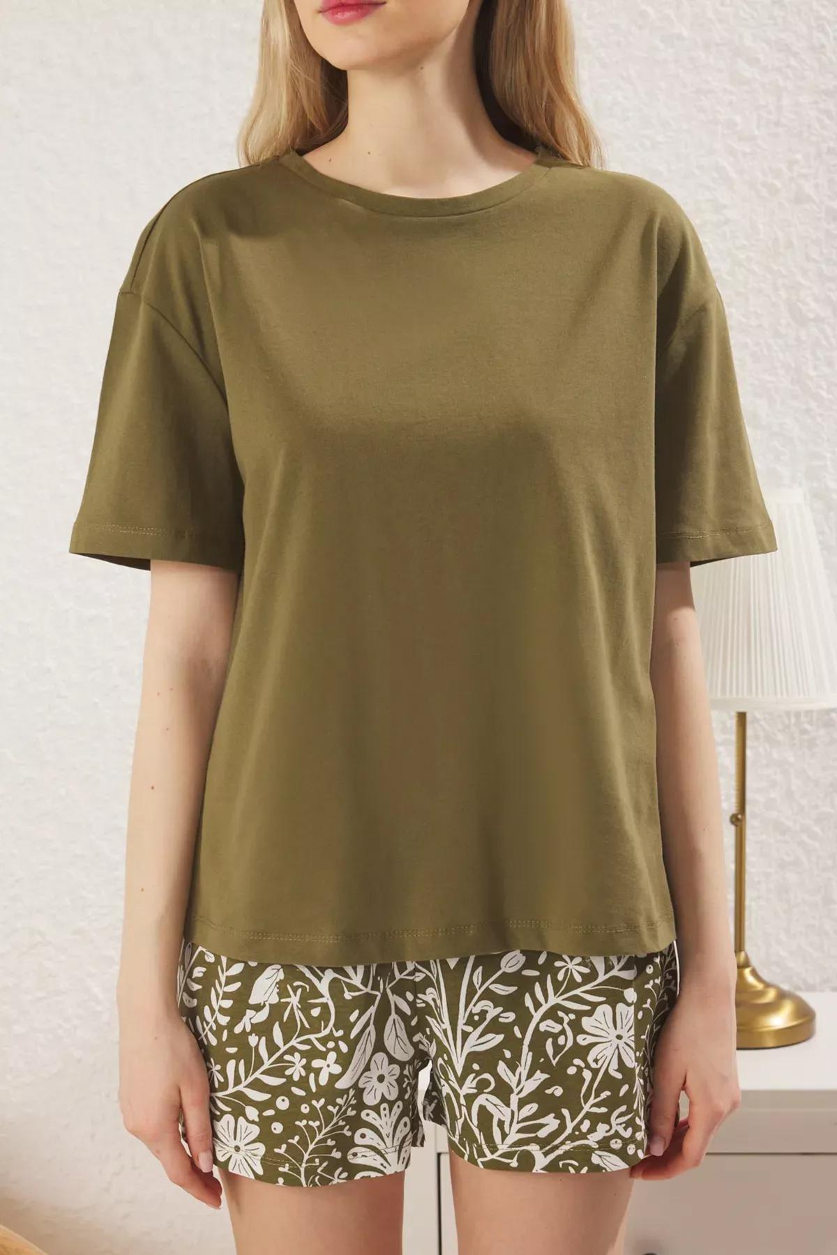 Green Floral Knitted Pajama Set, Khaki, large image number 3
