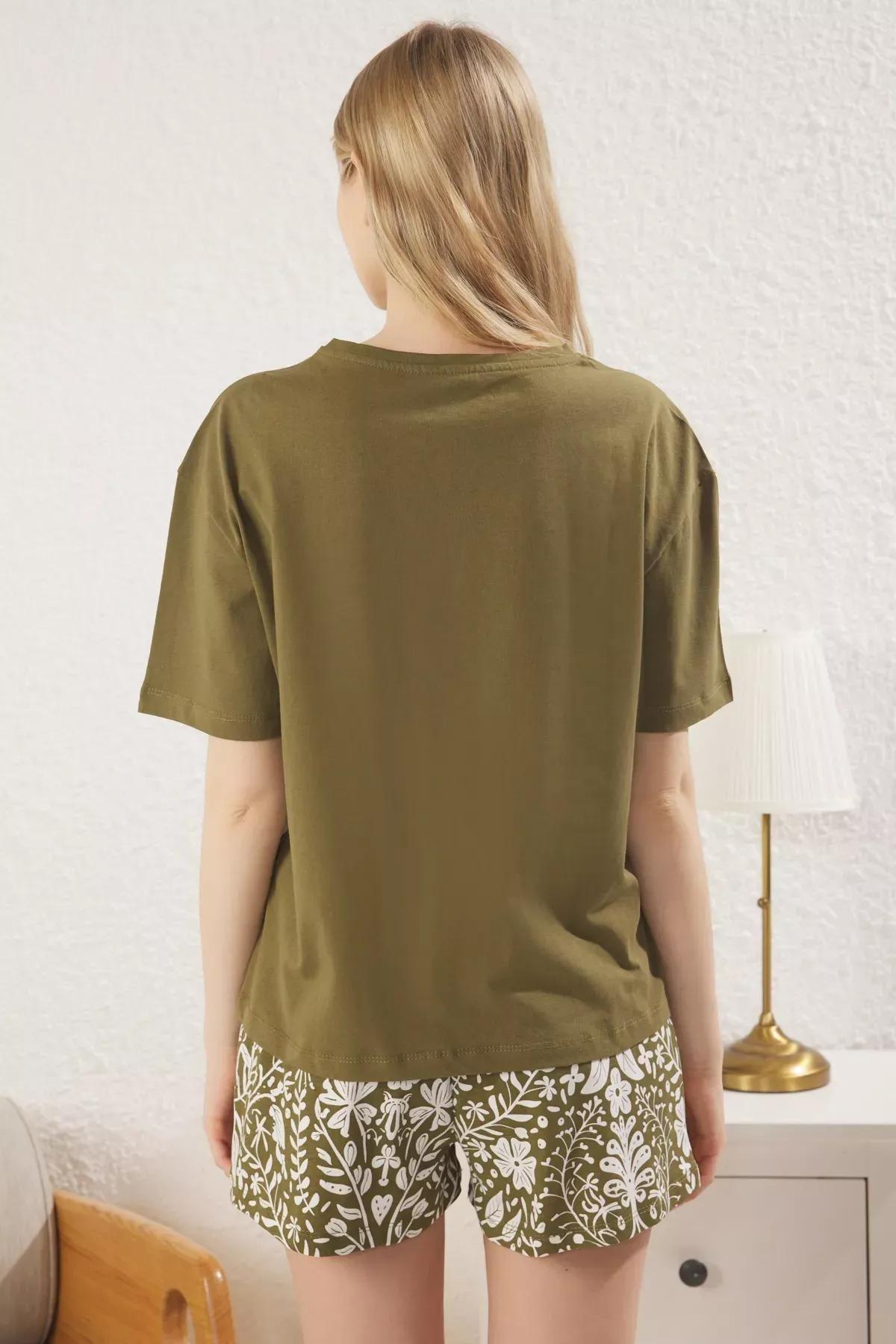 Green Floral Knitted Pajama Set, Khaki, large image number 4