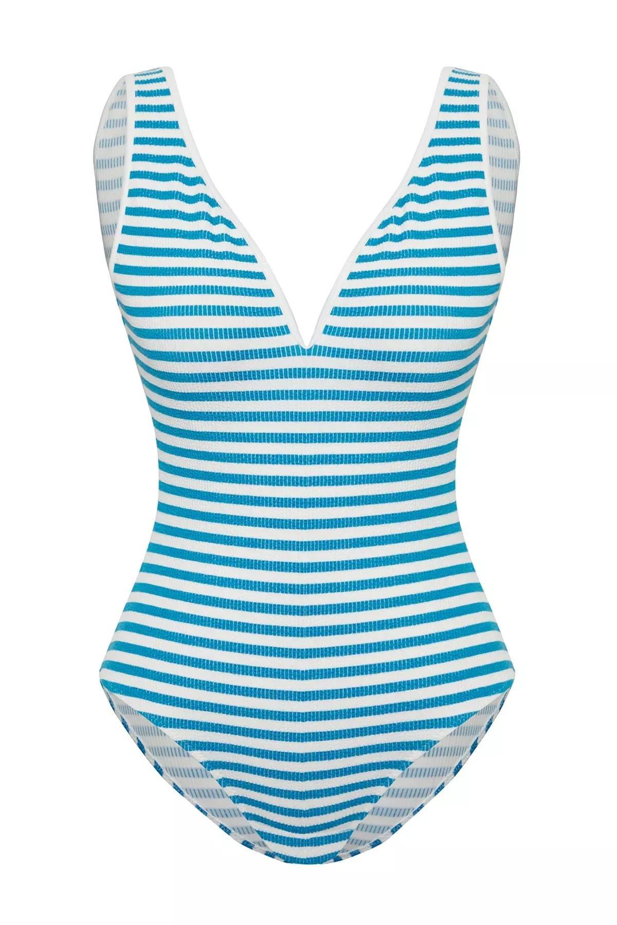 Blue Striped V-Neck Textured Swimsuit, White-Blue, large image number 4