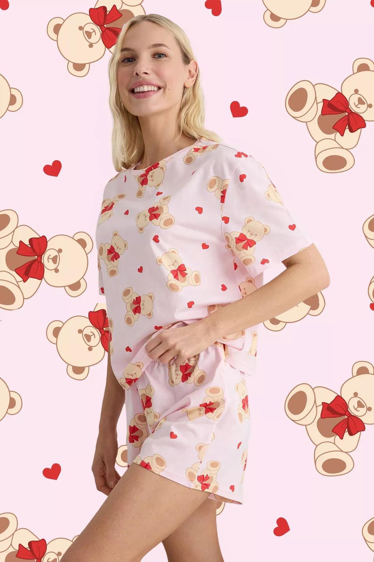Pink-Multicolor Teddy Bear Heart Pajama Set, , large image number 1