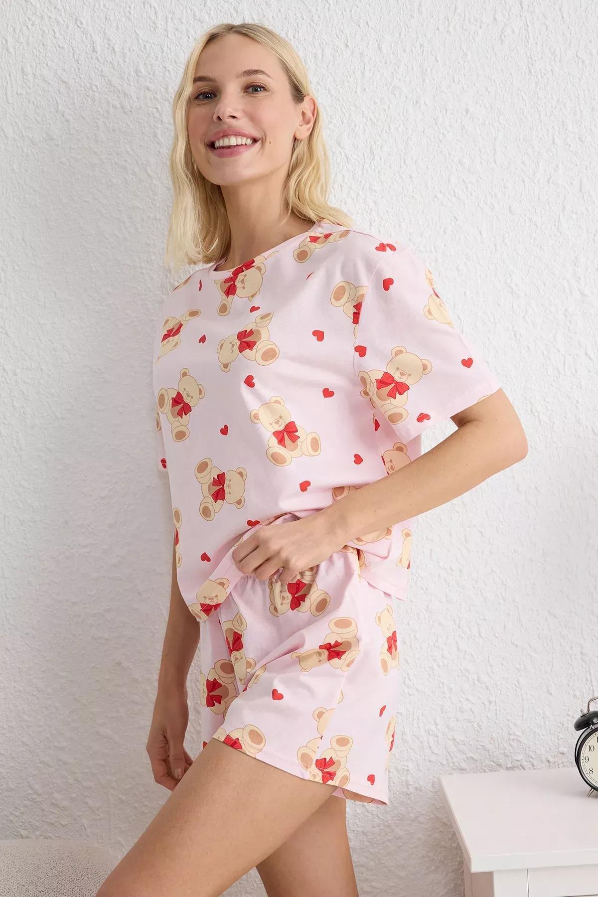 Pink-Multicolor Teddy Bear Heart Pajama Set, , large image number 2