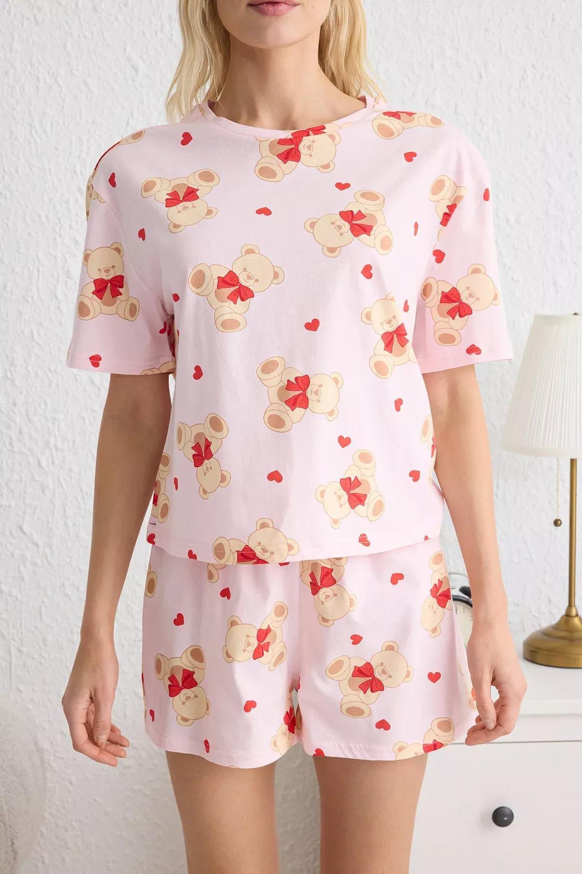 Pink-Multicolor Teddy Bear Heart Pajama Set, , large image number 3