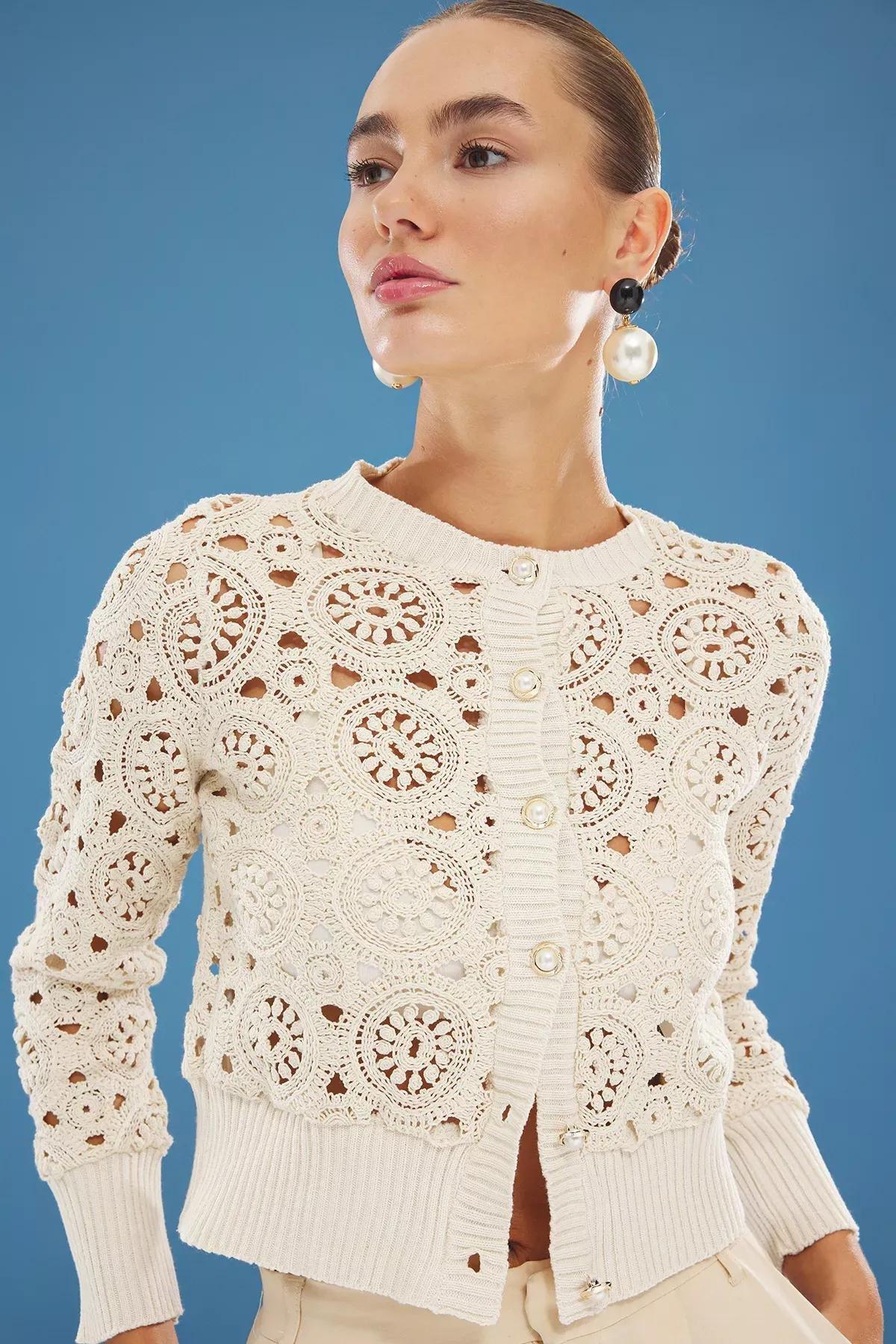 Beige Openwork Knitted Cardigan, , large image number 0