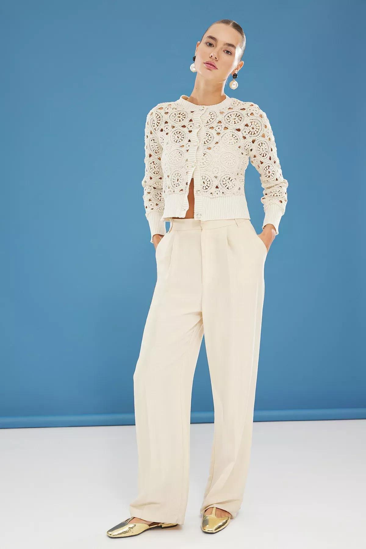 Beige Openwork Knitted Cardigan, , large image number 1