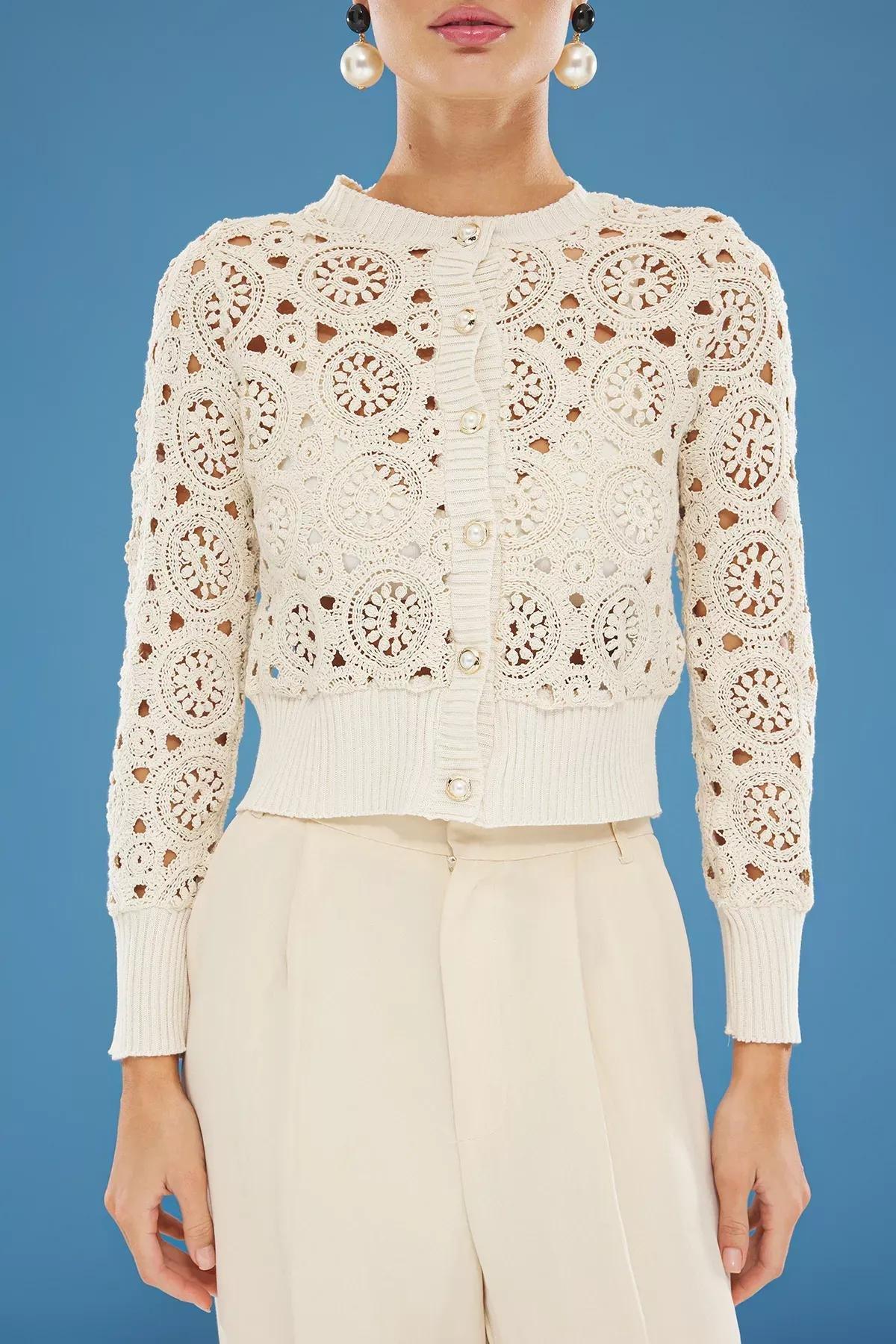 Beige Openwork Knitted Cardigan, , large image number 2