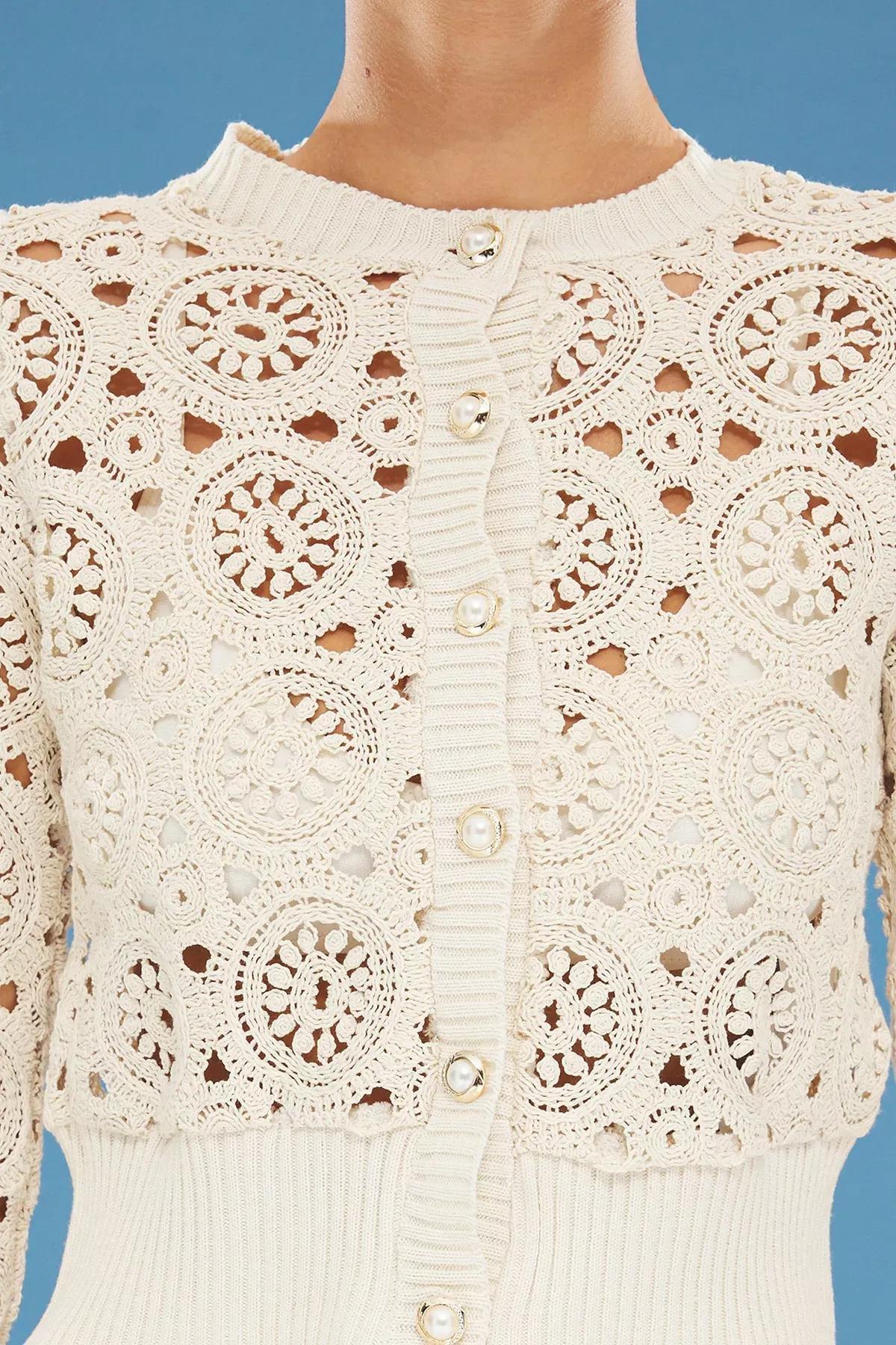 Beige Openwork Knitted Cardigan, , large image number 3