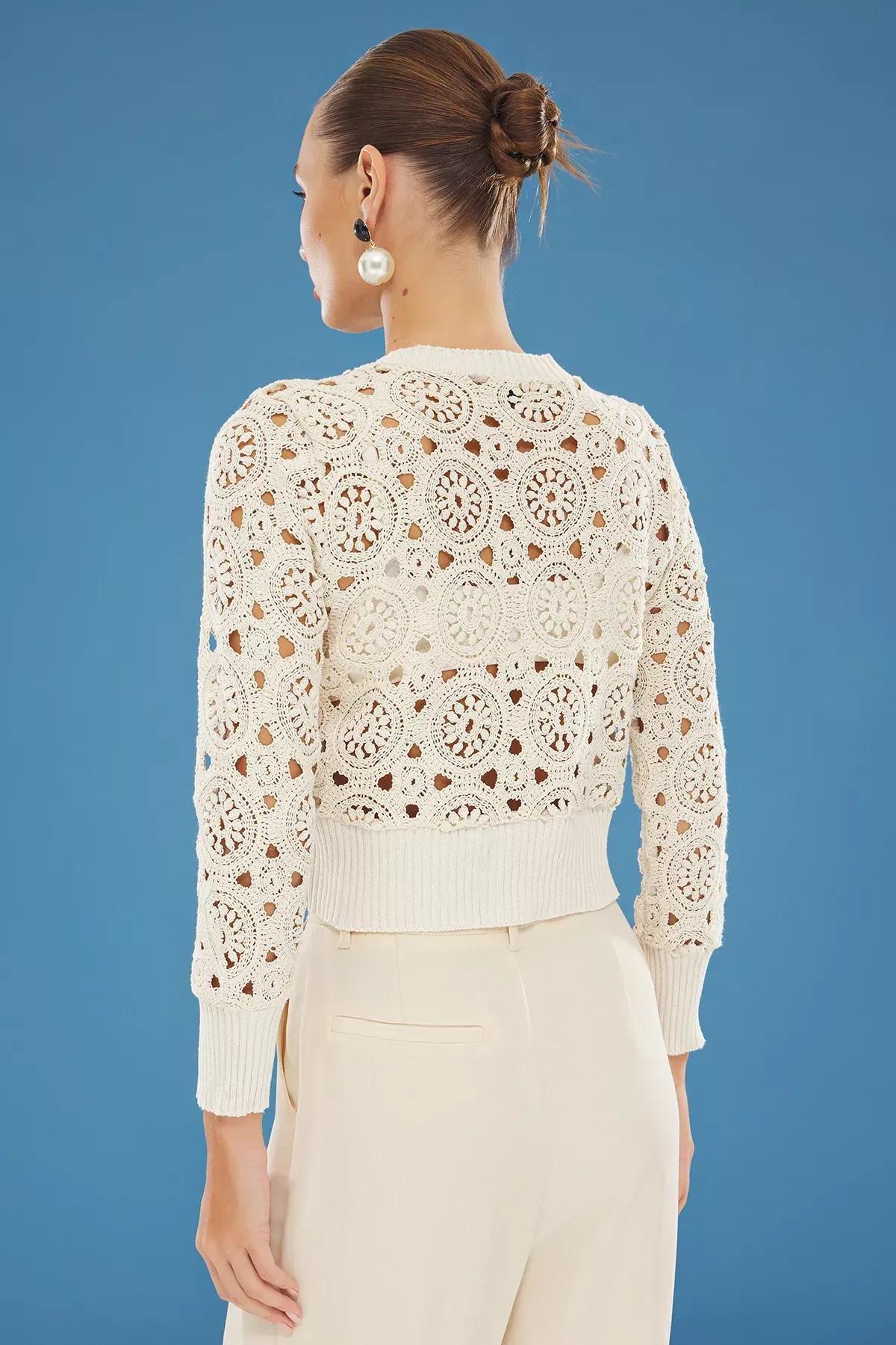 Beige Openwork Knitted Cardigan, , large image number 4