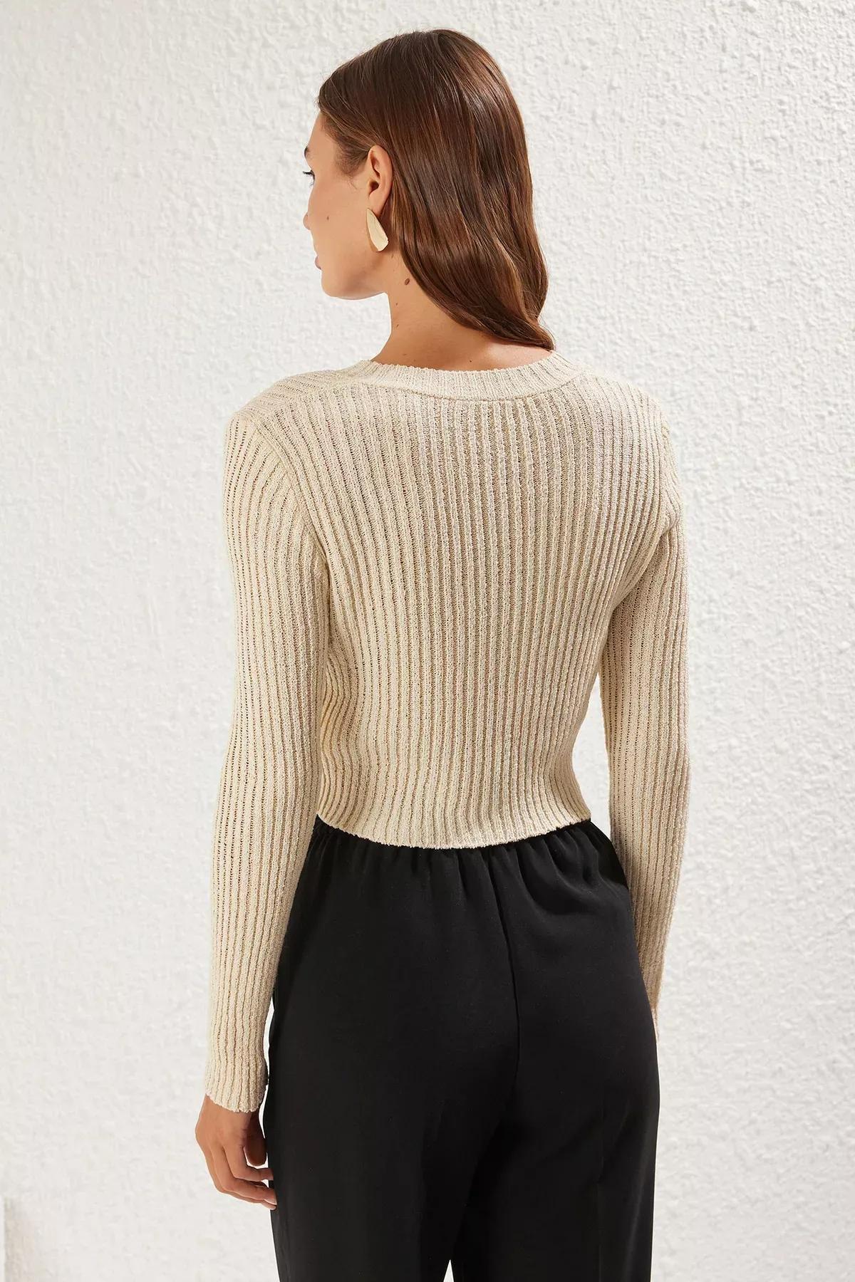 Beige V-Neck Thin Knit Sweater, , large image number 4