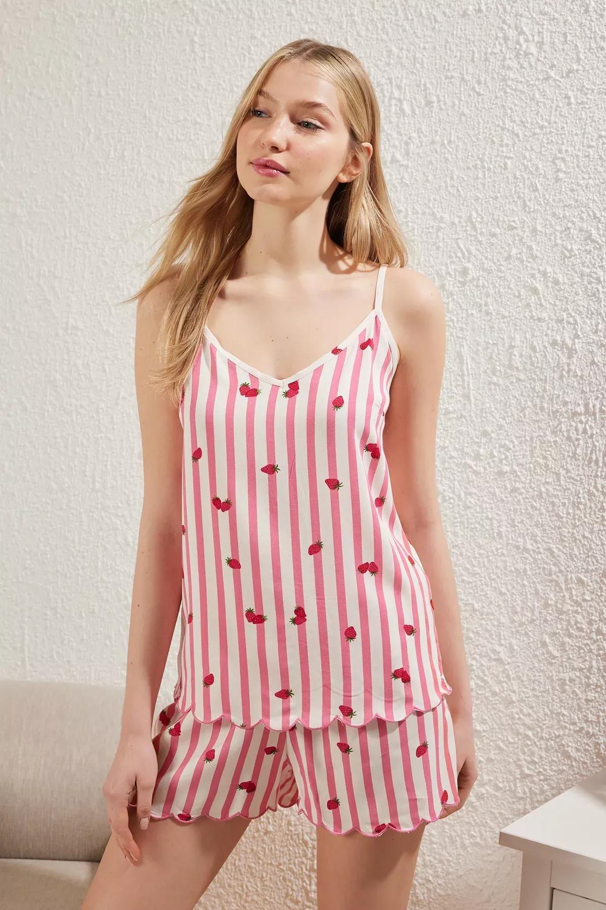 Pink Strawberry Patterned Pajama Set with Shorts, C101_7329, large image number 0