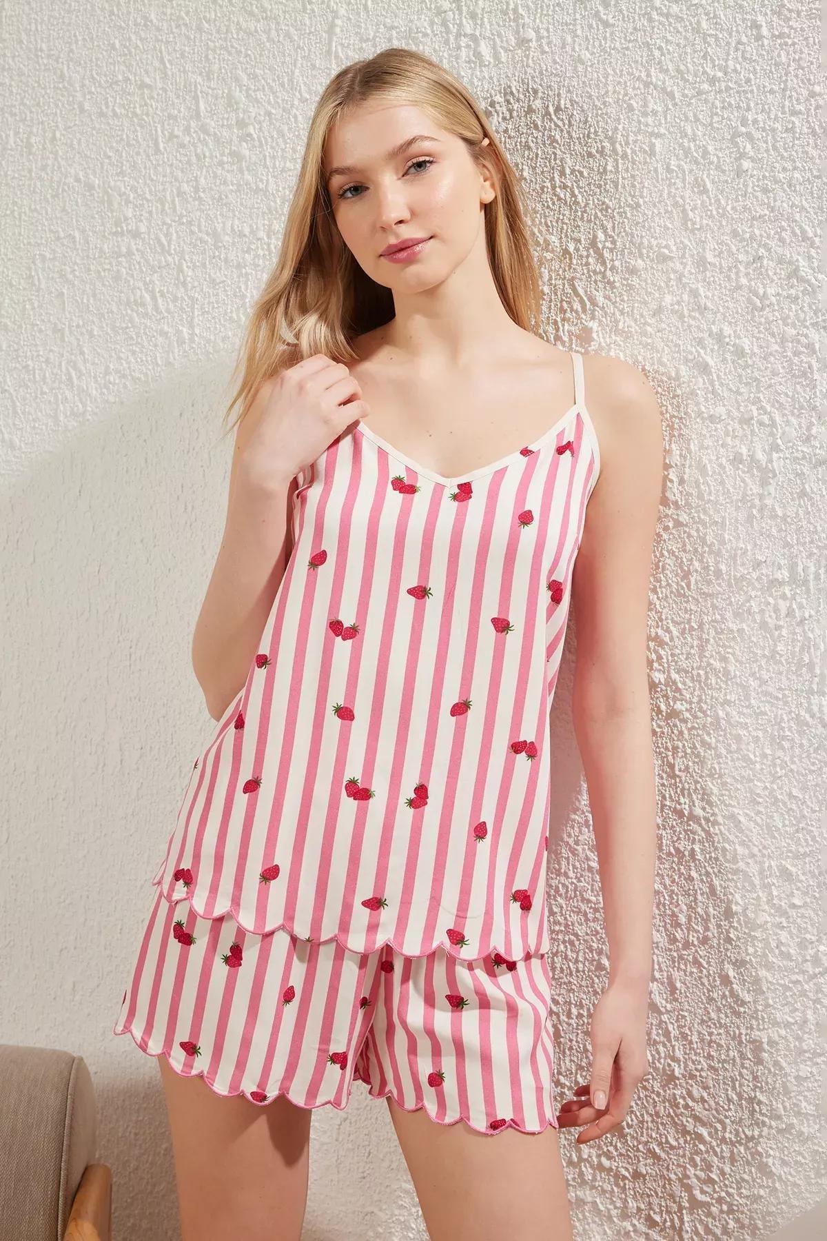 Pink Strawberry Patterned Pajama Set with Shorts, C101_7329, large image number 1