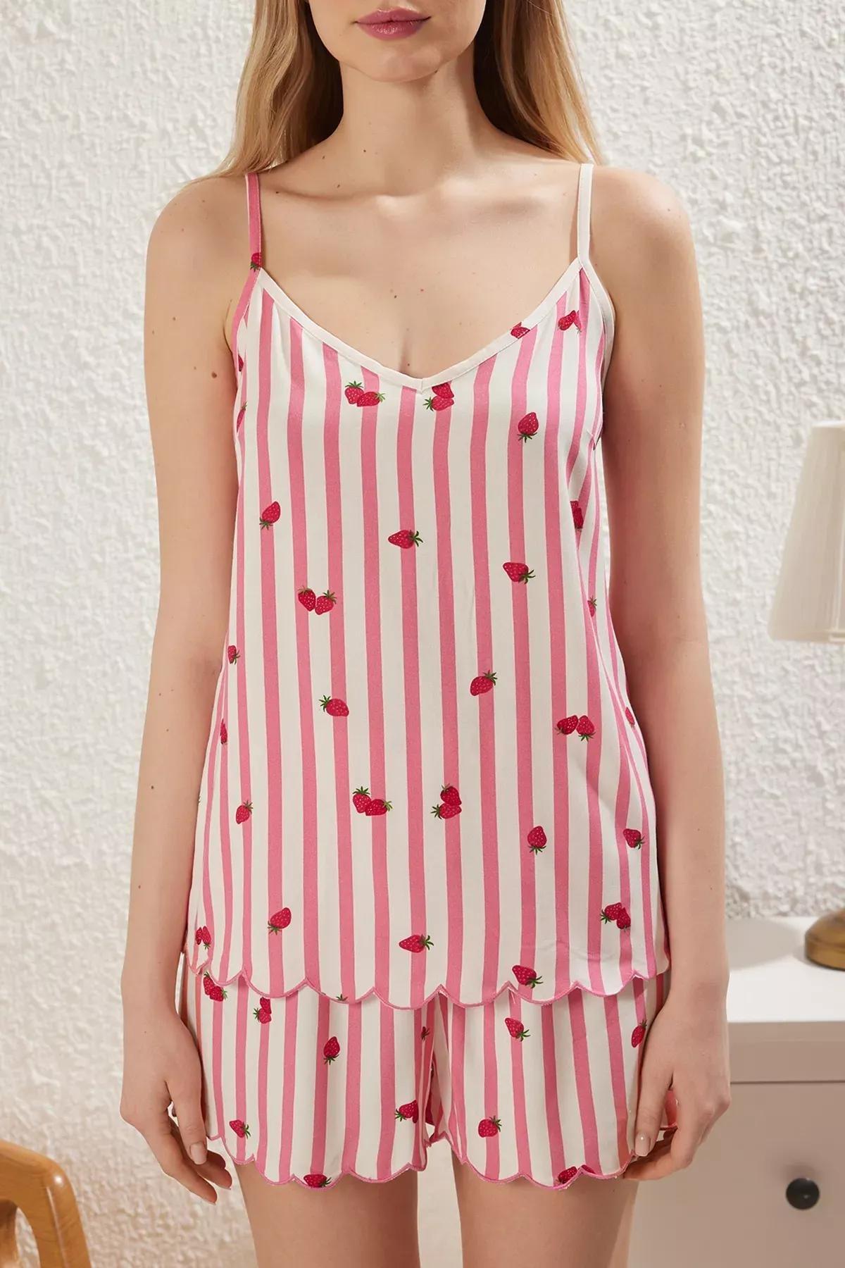 Pink Strawberry Patterned Pajama Set with Shorts, C101_7329, large image number 2