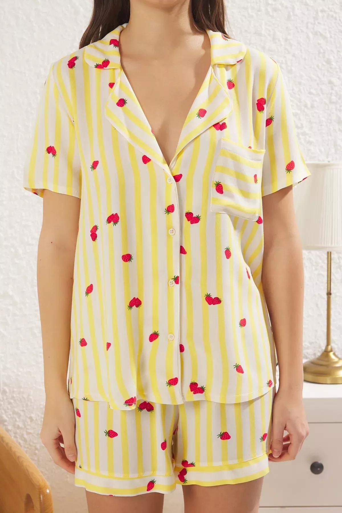 Yellow Striped Patterned Pyjamas Set, C101_7287, large image number 2