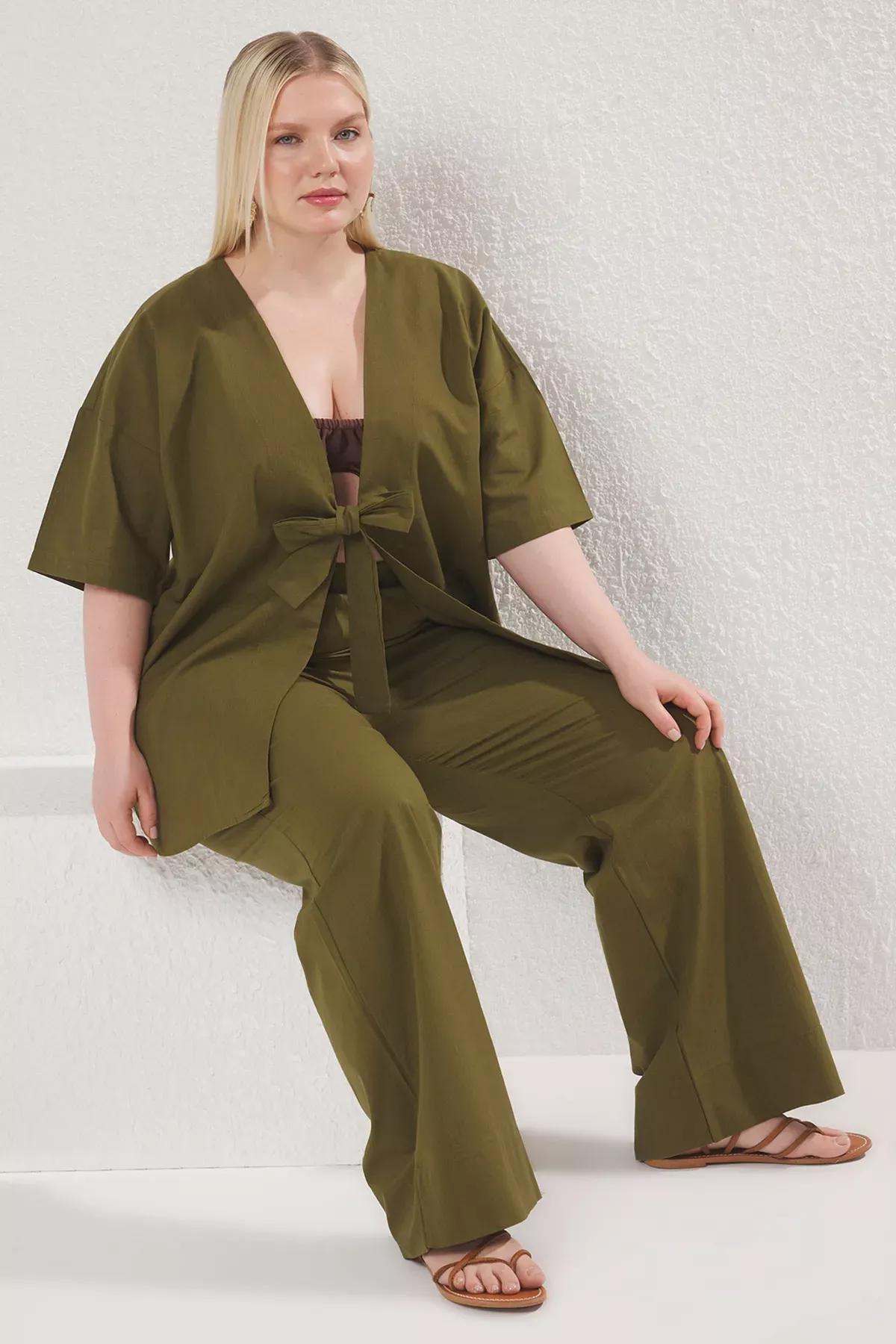 Green Oversize Detailed Cotton Plus-Size Co-Ord Set, Khaki, large image number 0