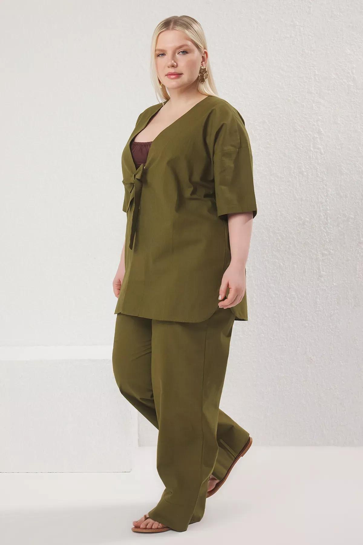 Green Oversize Detailed Cotton Plus-Size Co-Ord Set, Khaki, large image number 1
