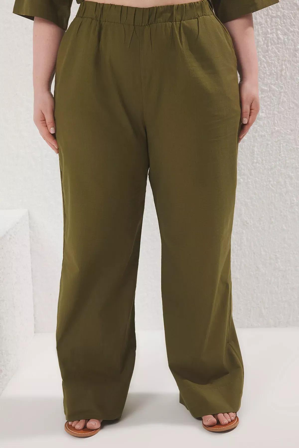 Green Oversize Detailed Cotton Plus-Size Co-Ord Set, Khaki, large image number 2
