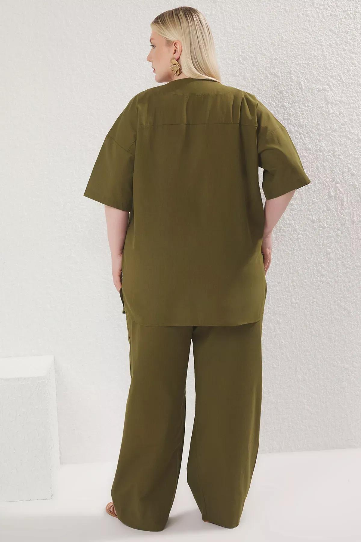 Green Oversize Detailed Cotton Plus-Size Co-Ord Set, Khaki, large image number 3