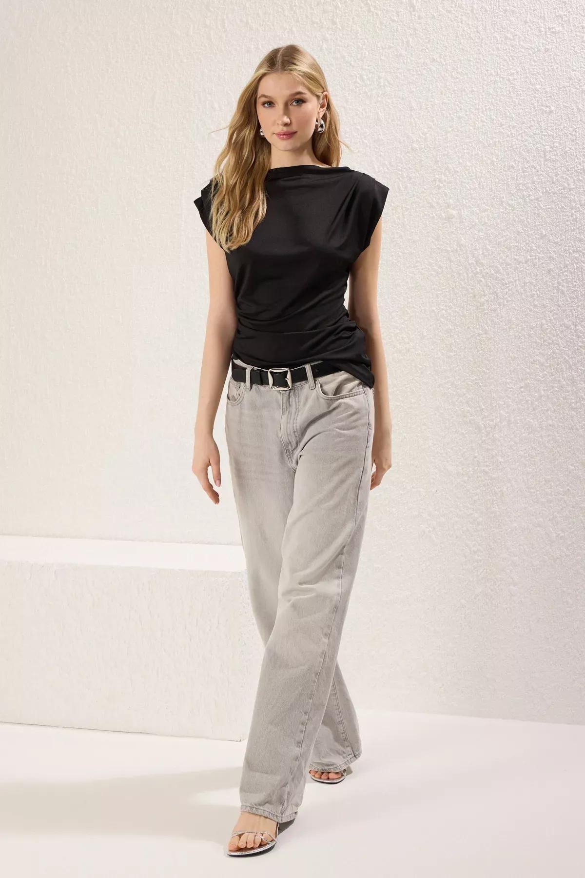 Black Draped Snap Knit Blouse, , large image number 1
