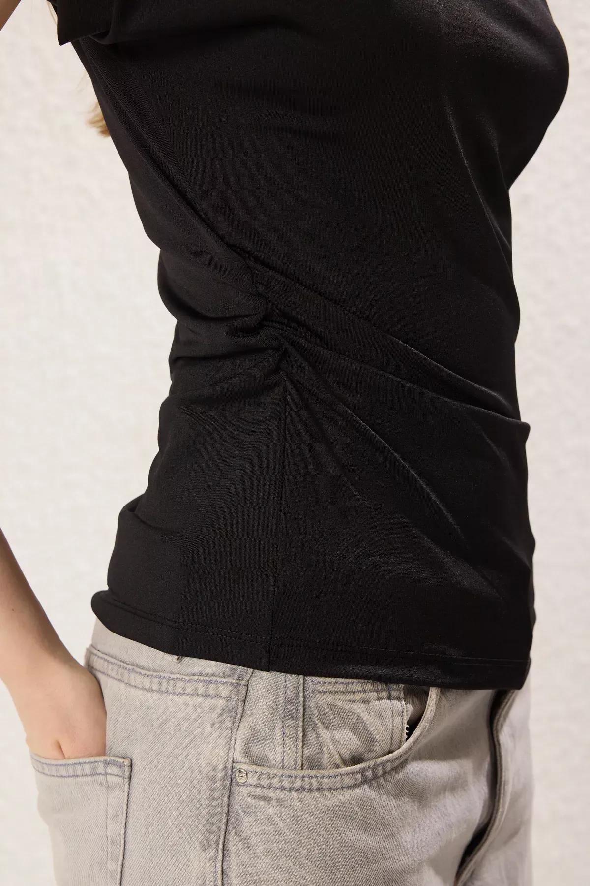 Black Draped Snap Knit Blouse, , large image number 2