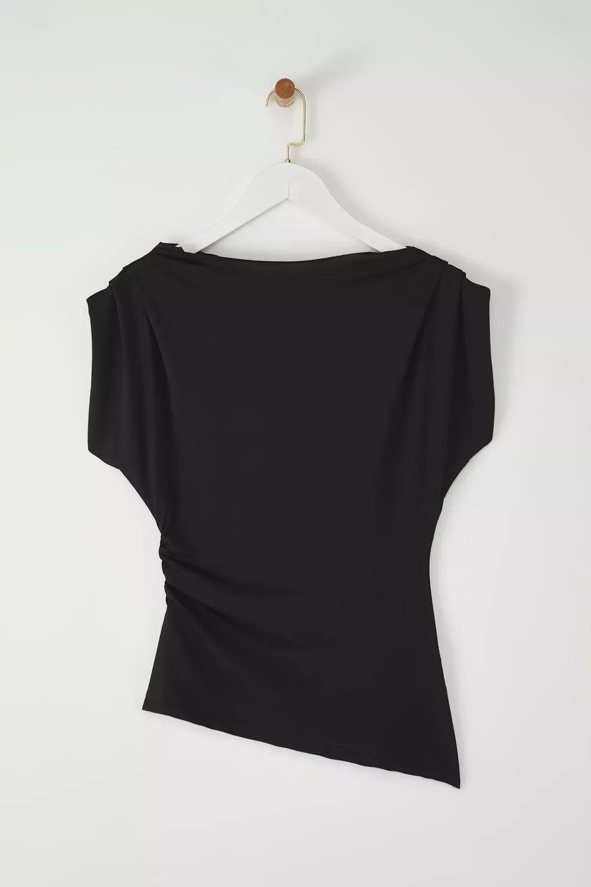 Black Draped Snap Knit Blouse, , large image number 4
