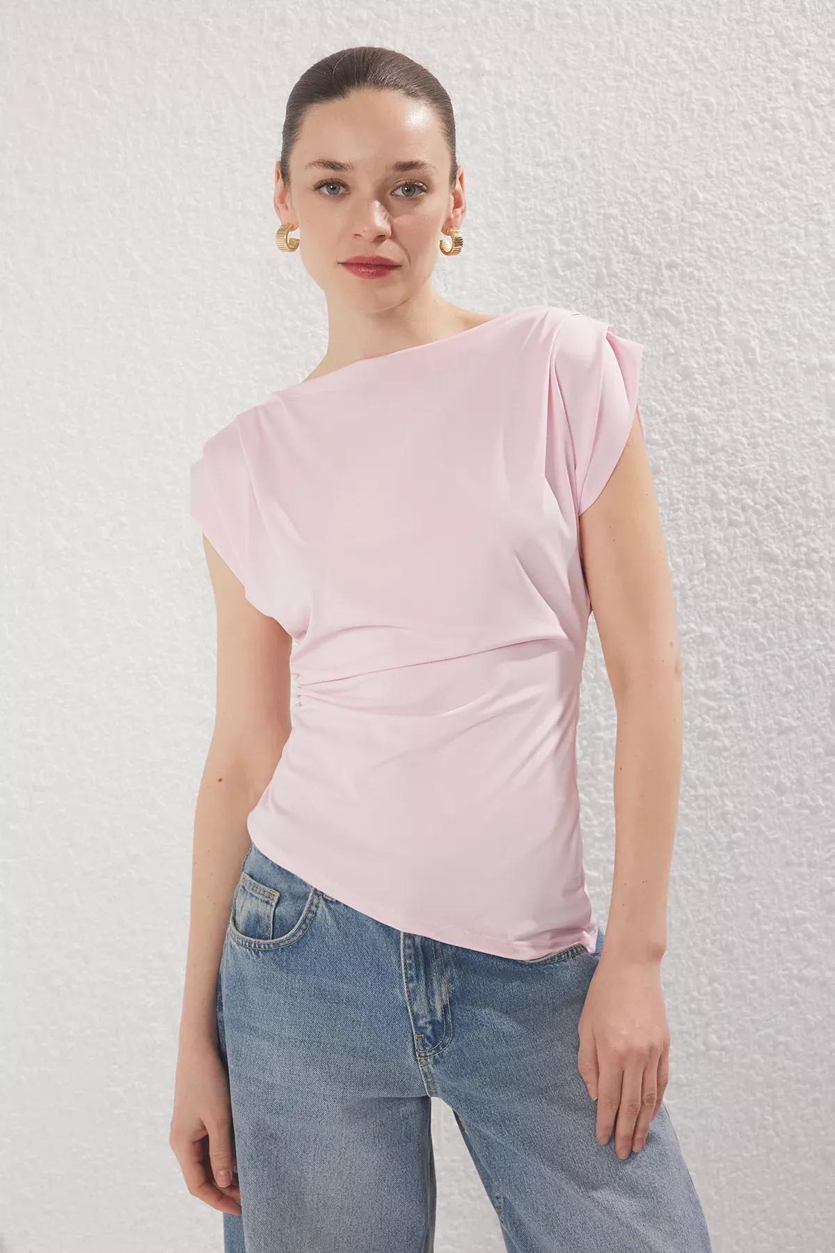 Pink Draped Knit Blouse, LIGHT PINK, large image number 1