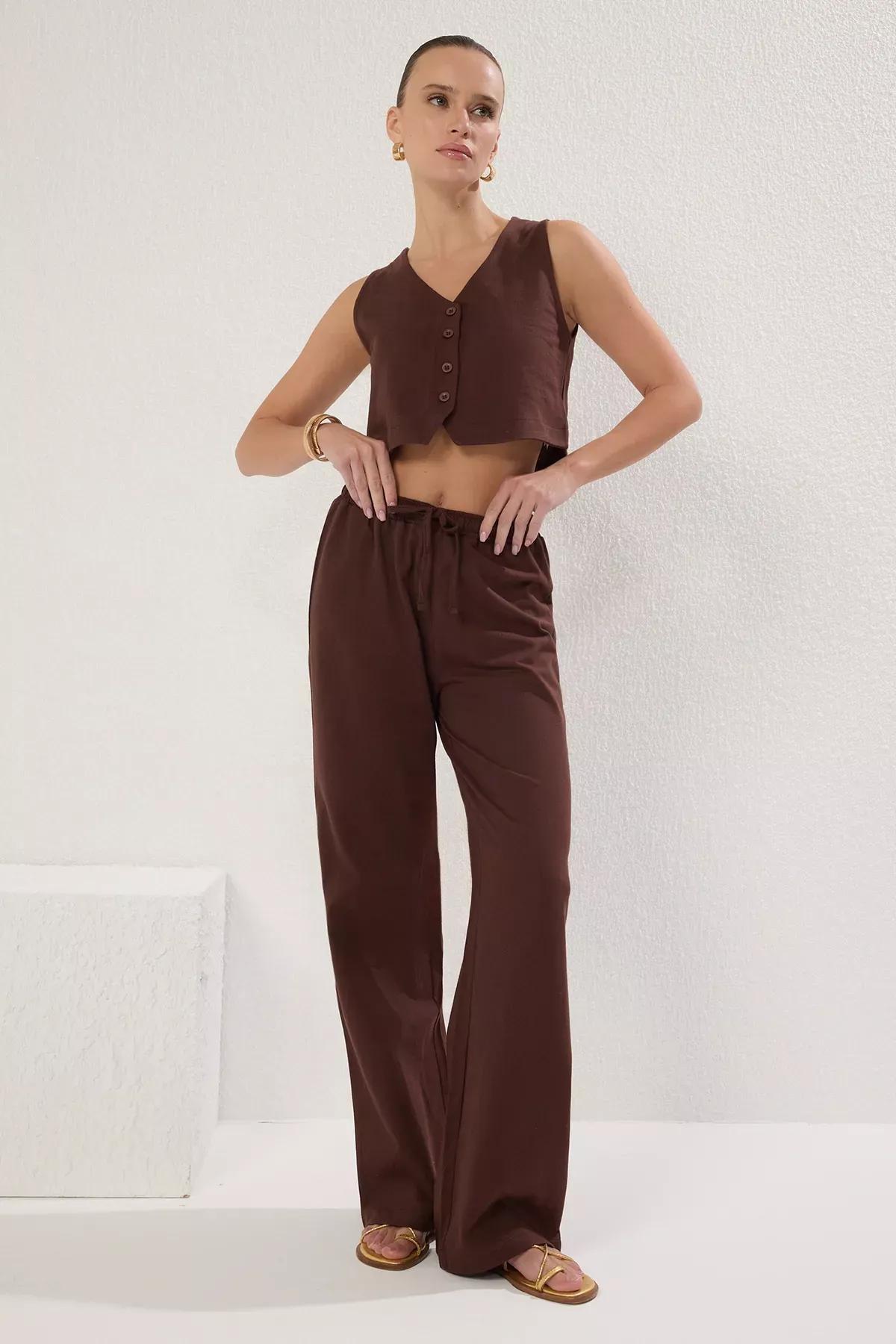 Brown Plain Wide Leg Knit Co-Ord Set, , large image number 0