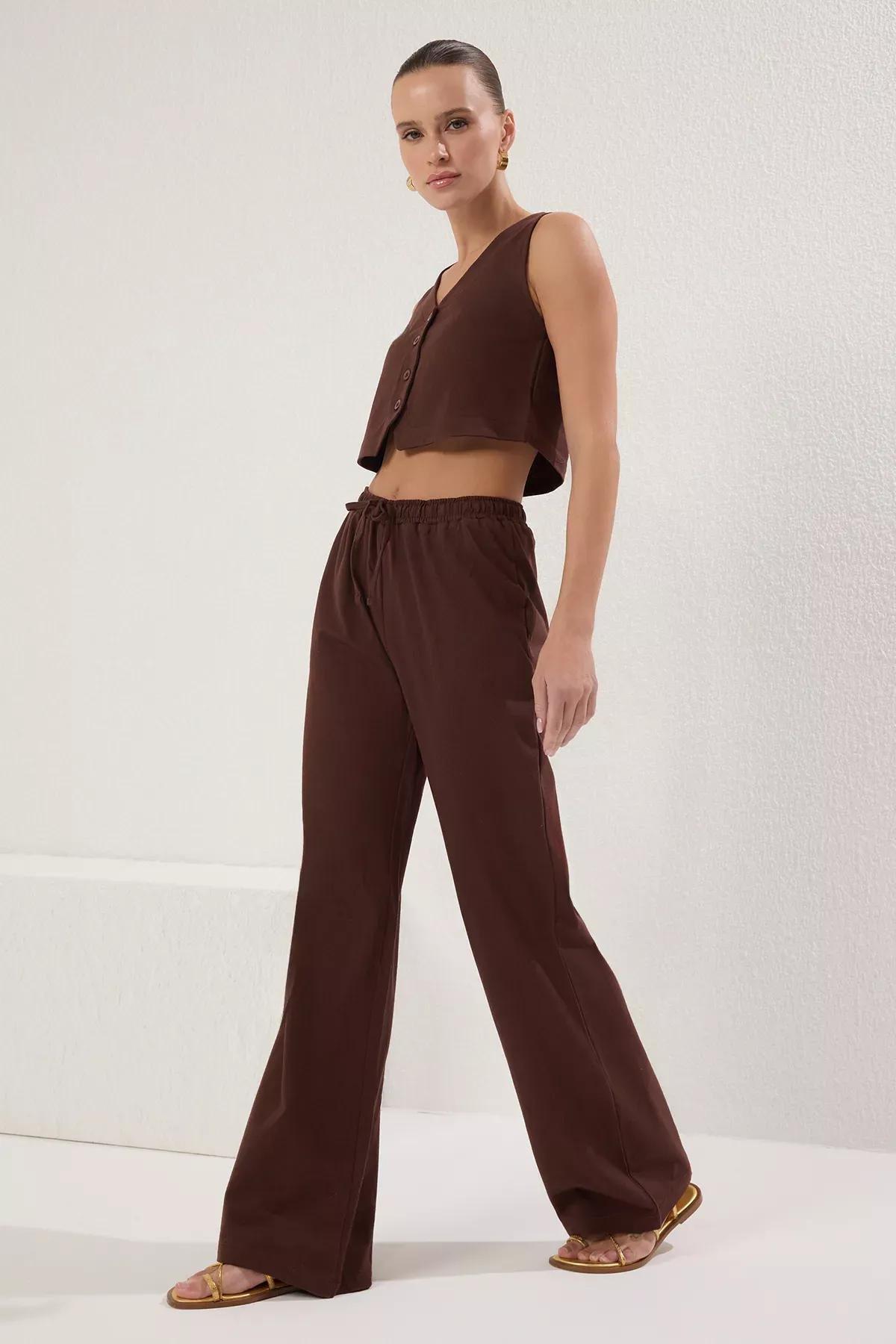 Brown Plain Wide Leg Knit Co-Ord Set, , large image number 1