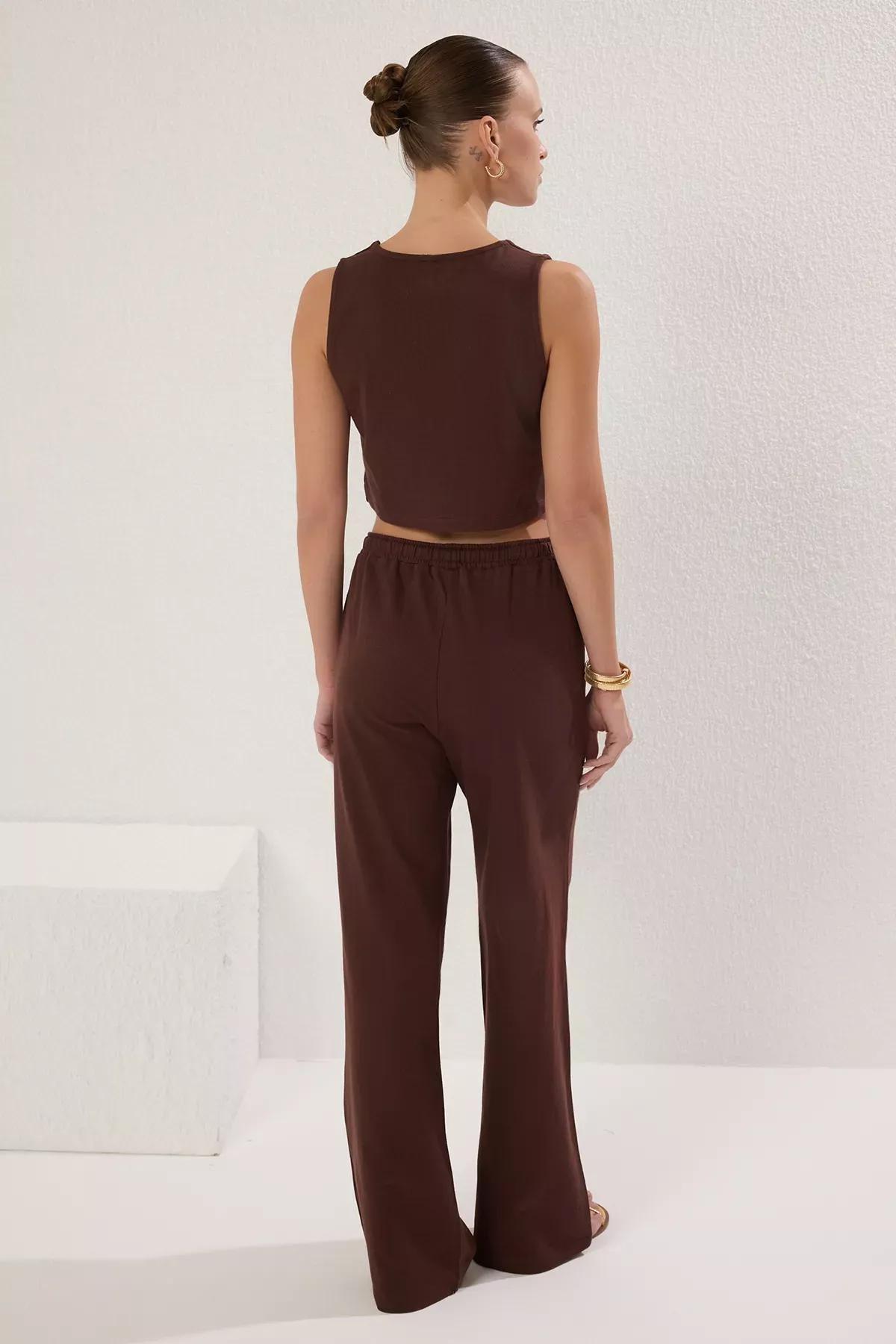 Brown Plain Wide Leg Knit Co-Ord Set, , large image number 3