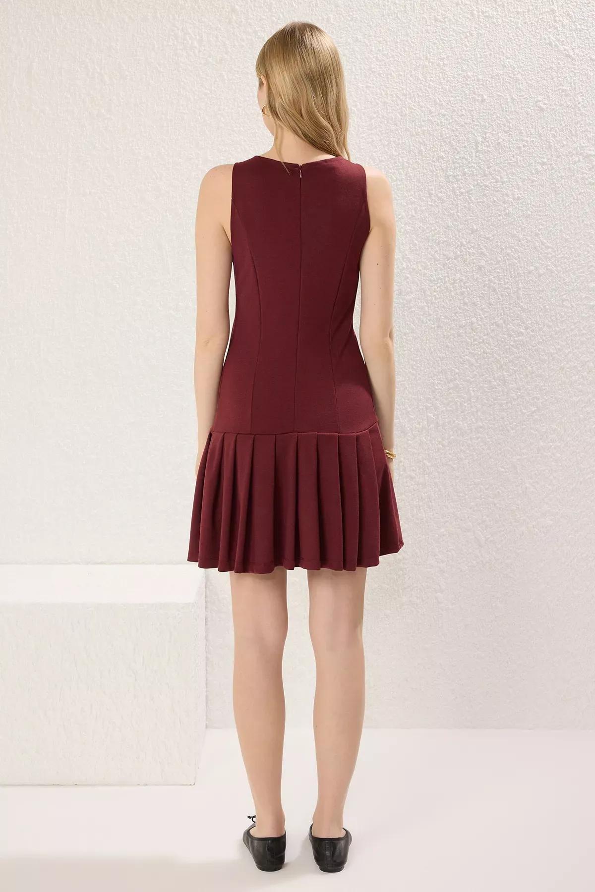 Burgundy Pleated Detailed Mini Knit Dress, , large image number 3