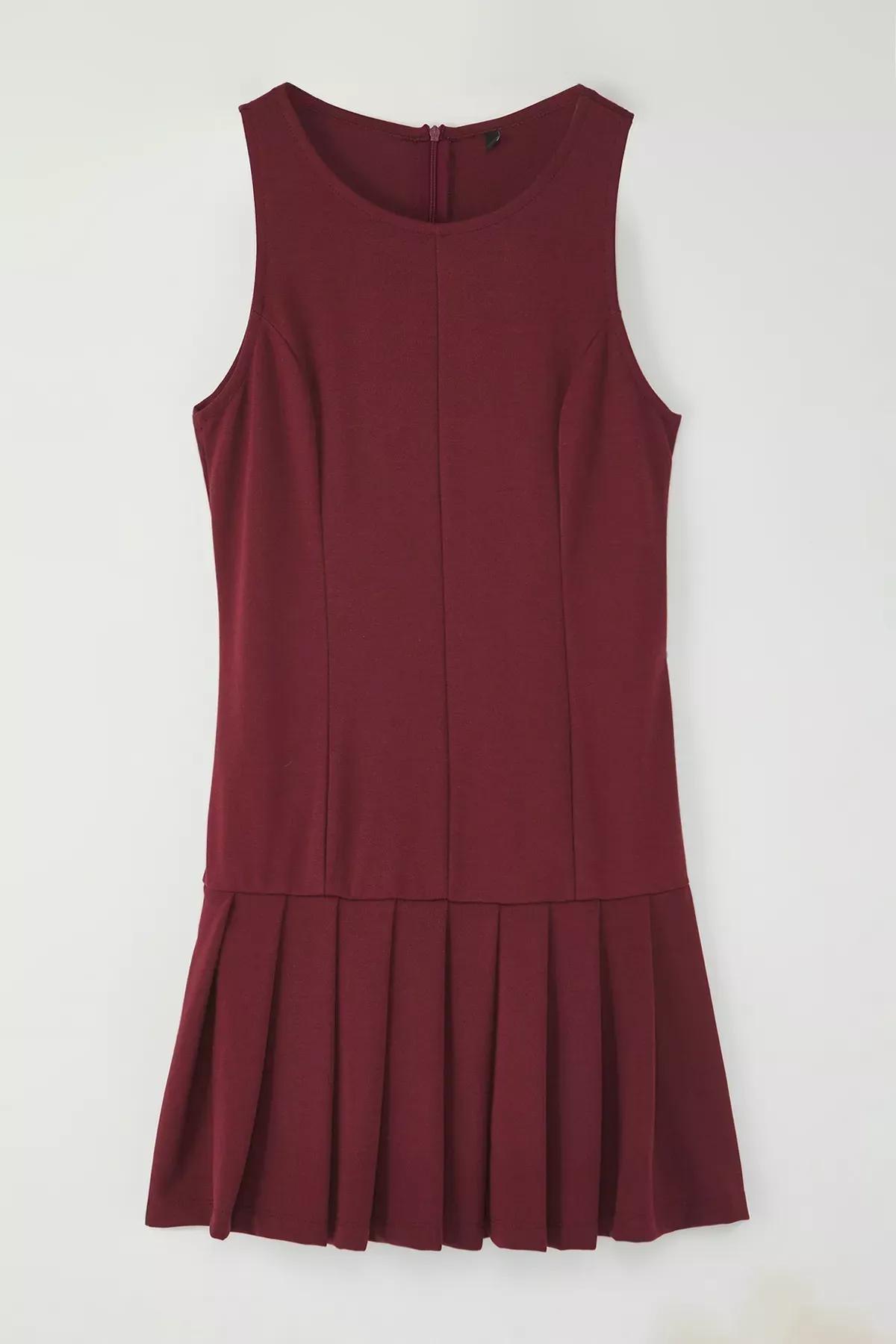 Burgundy Pleated Detailed Mini Knit Dress, , large image number 4