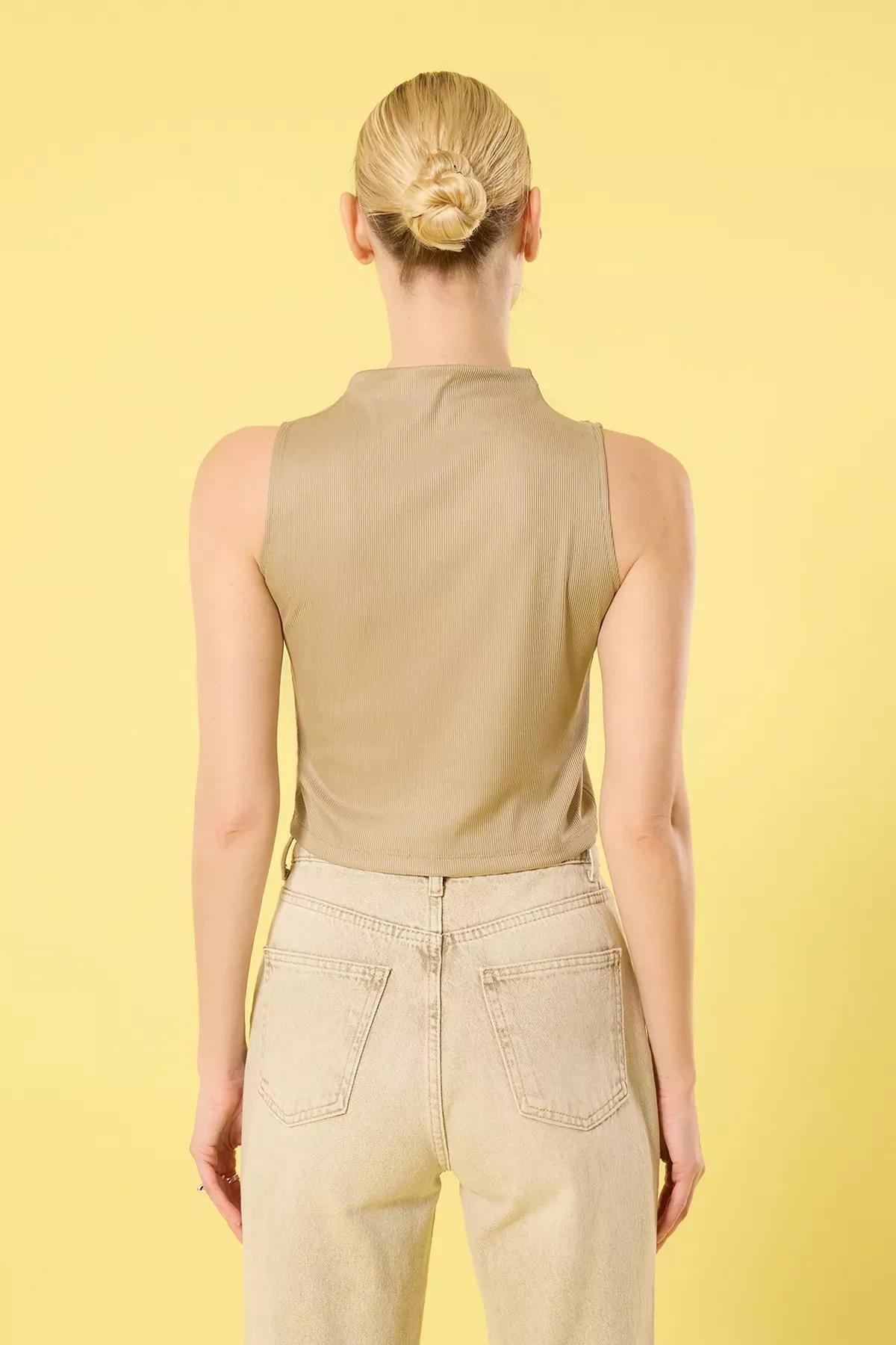 Brown Gathered Crop Knit Blouse, Mink, large image number 4