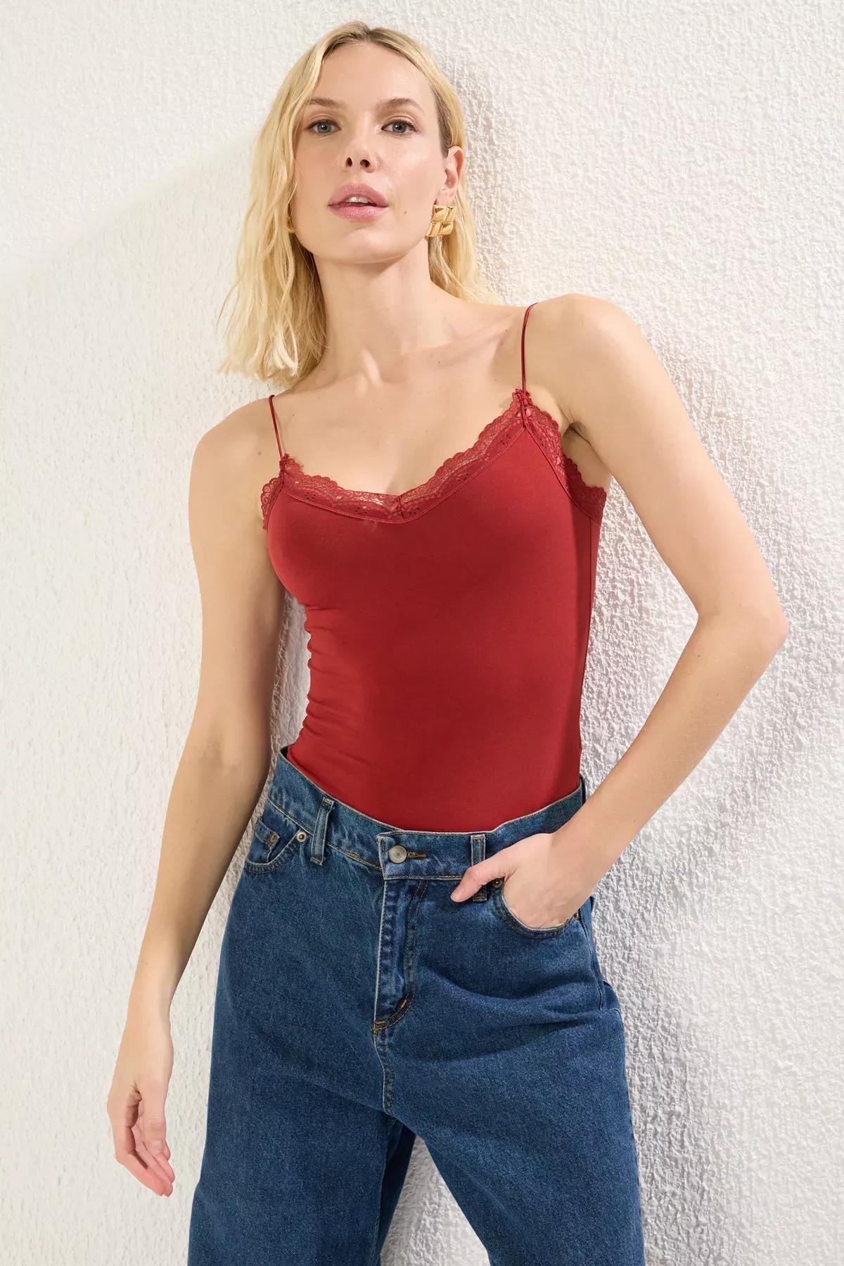 Red Lace Fitted Bodysuit, , large image number 0