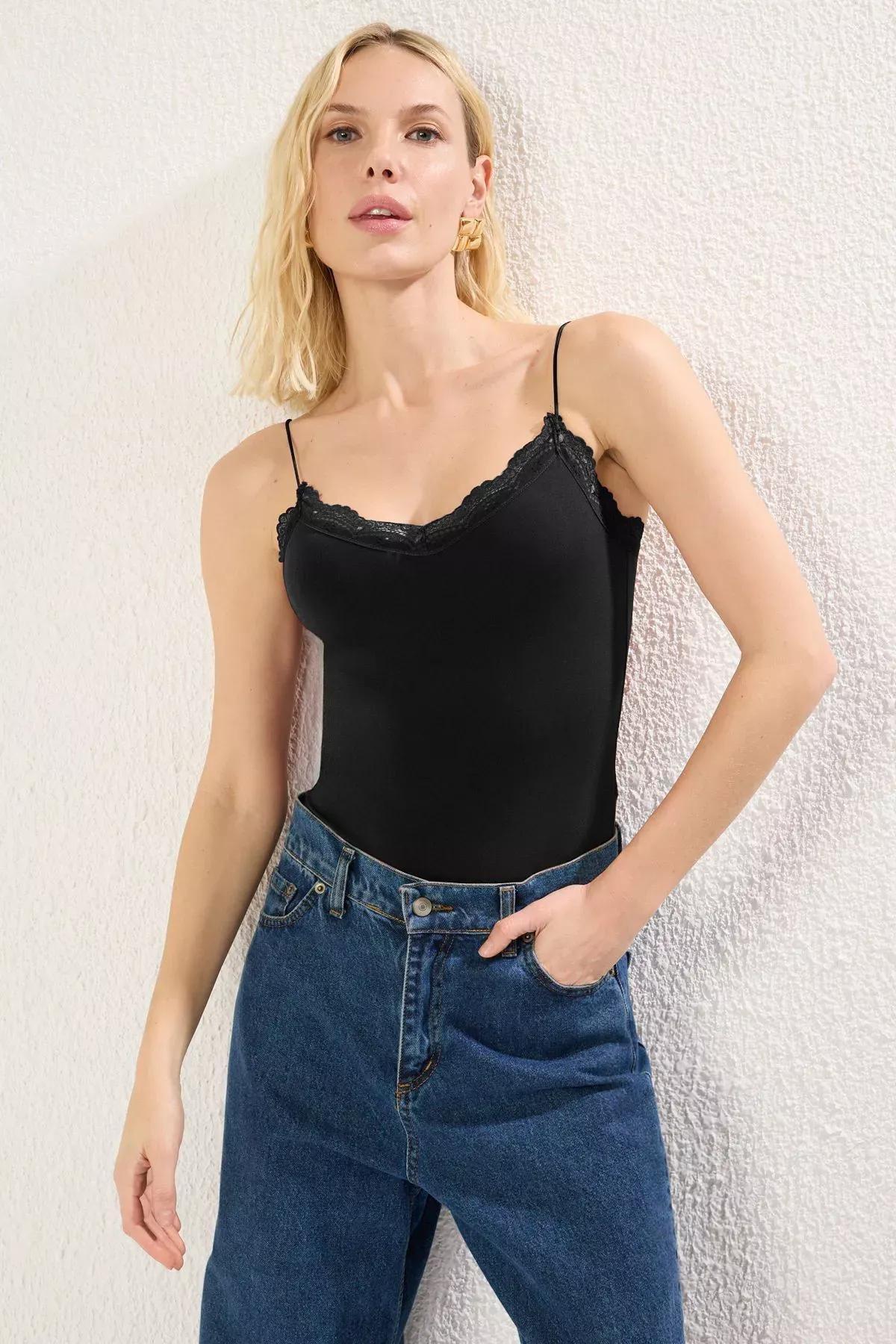 Black Lace Detail Snap Bodysuit, , large image number 0