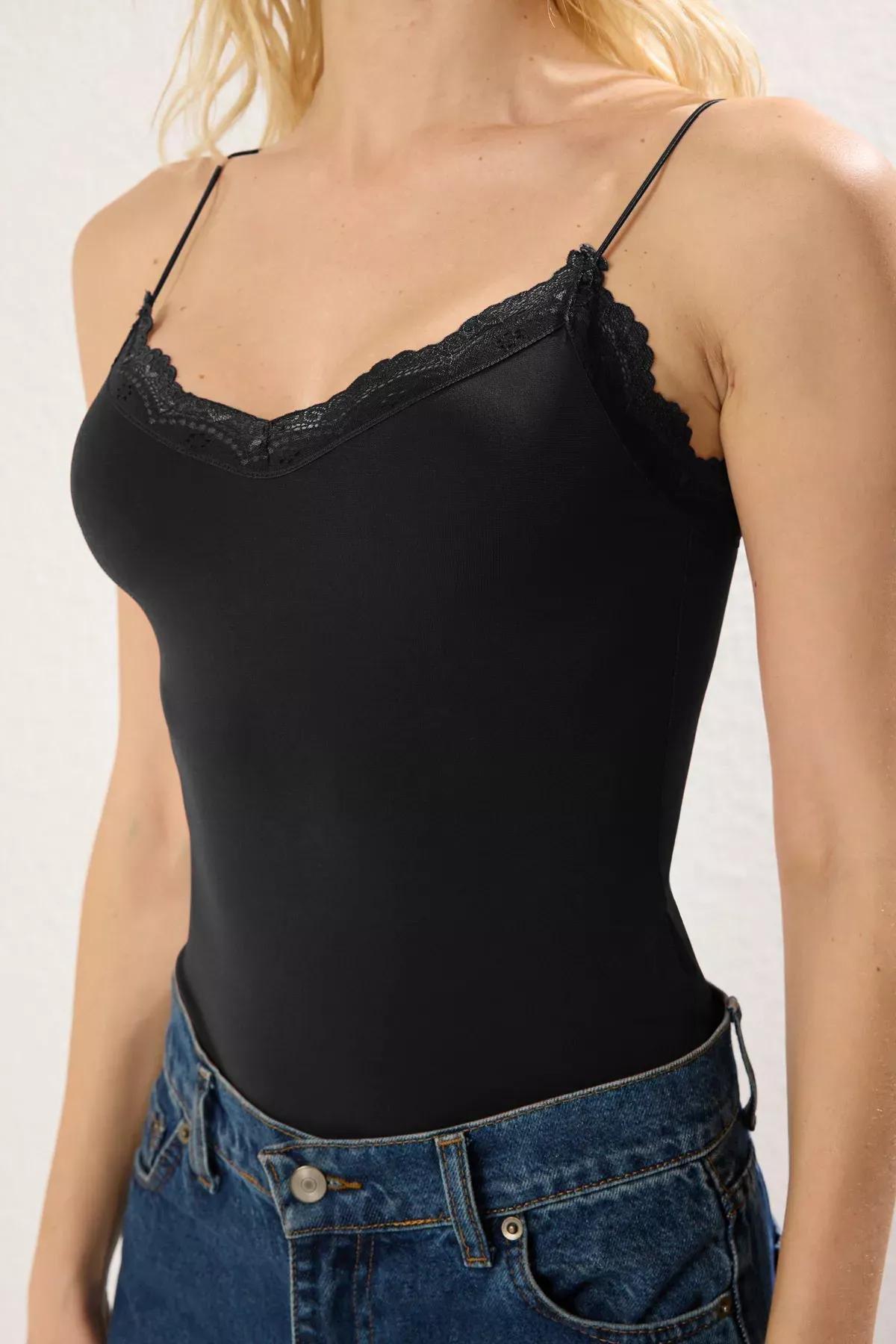 Black Lace Detail Snap Bodysuit, , large image number 2