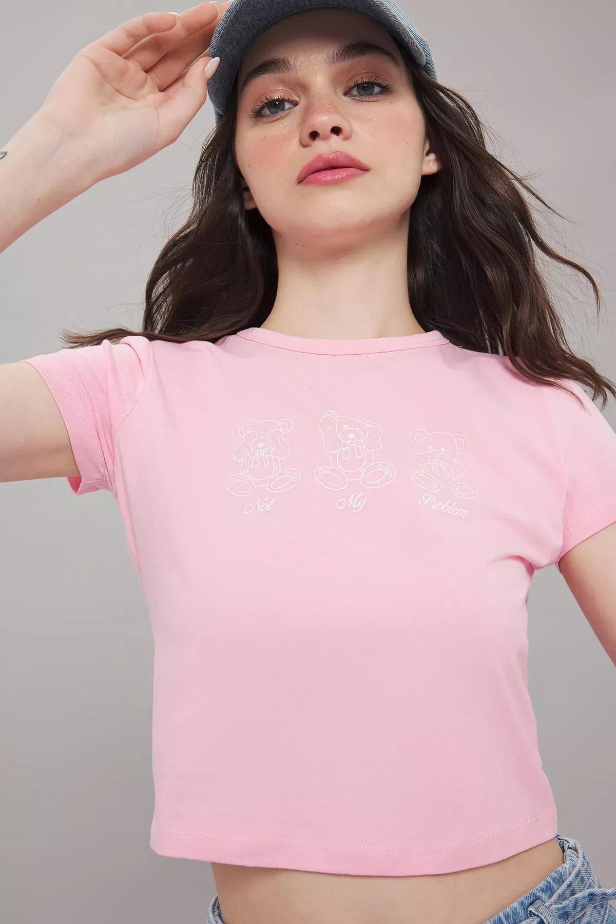 Pink Fitted Teddy Bear Print T-Shirt, C101_1904, large image number 0