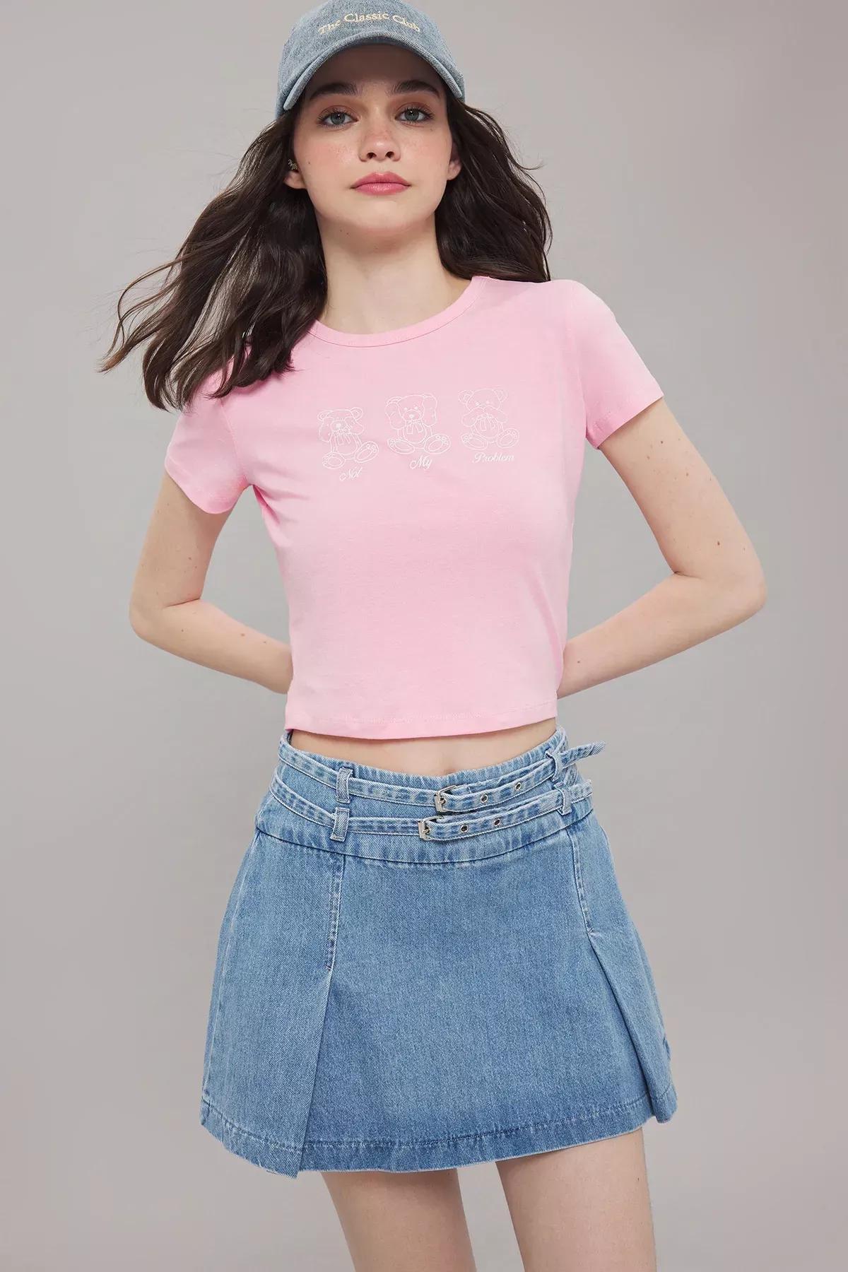 Pink Fitted Teddy Bear Print T-Shirt, C101_1904, large image number 1
