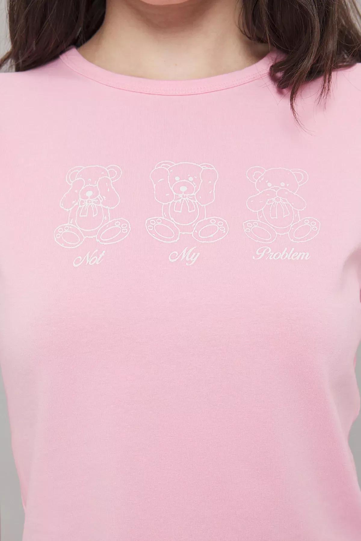 Pink Fitted Teddy Bear Print T-Shirt, C101_1904, large image number 2