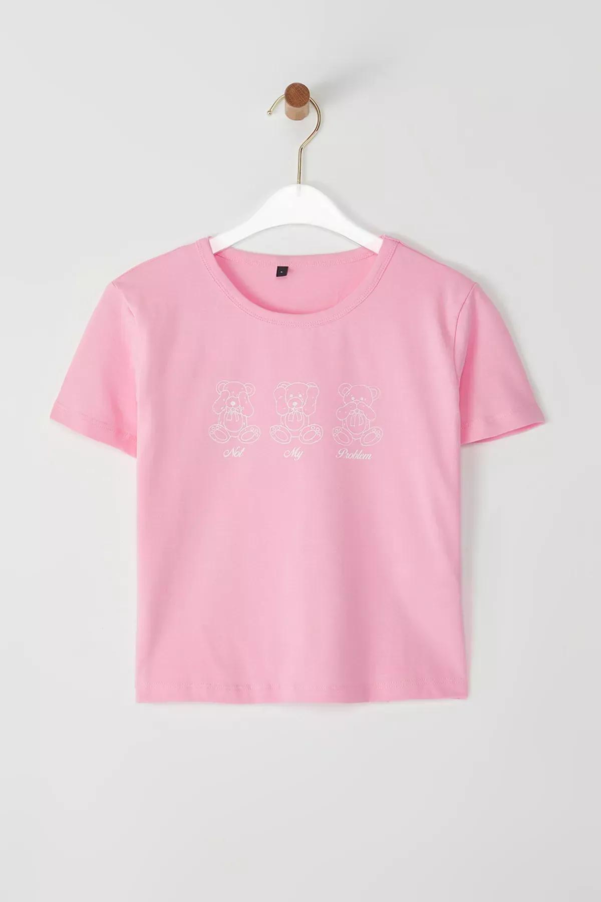 Pink Fitted Teddy Bear Print T-Shirt, C101_1904, large image number 4