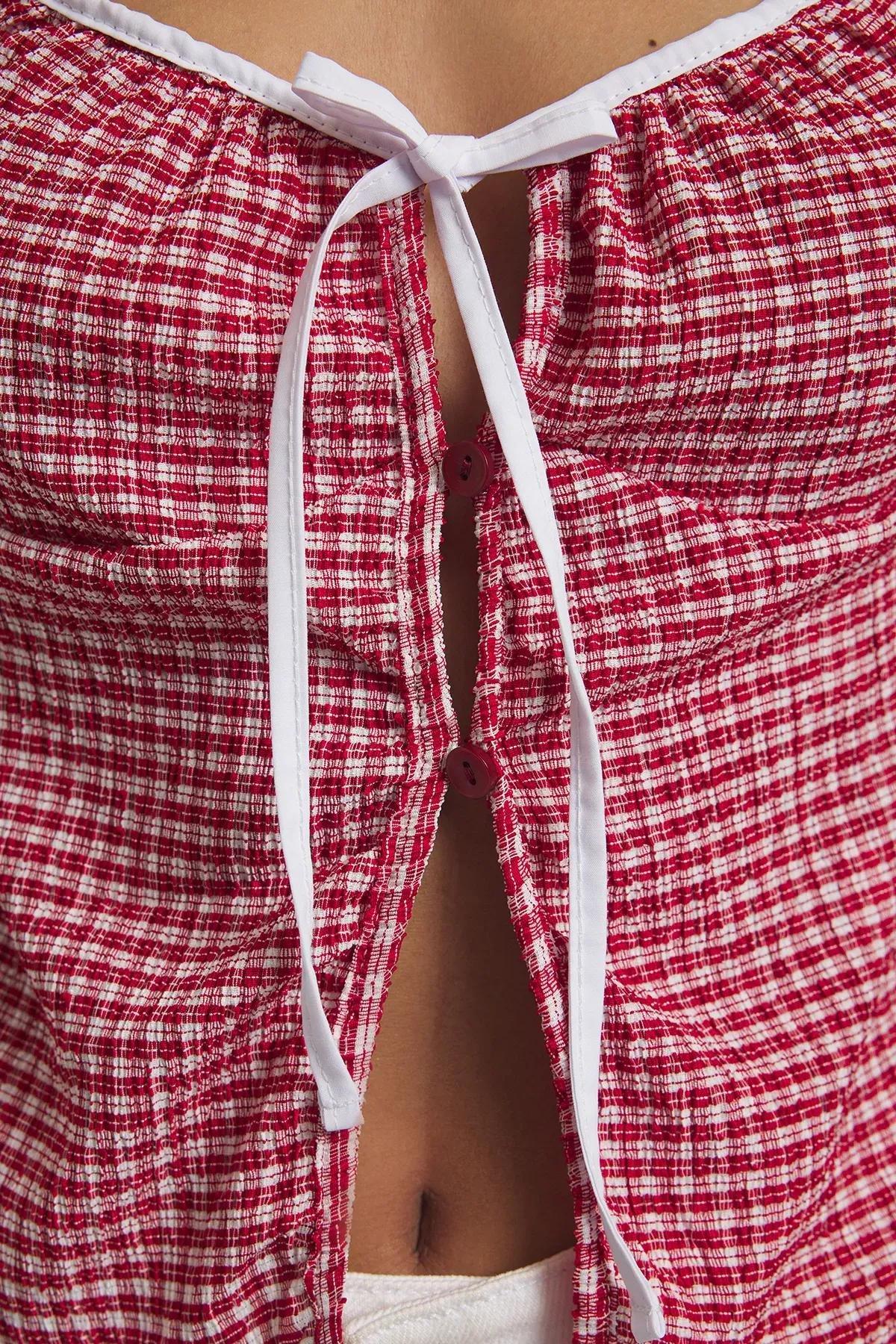 Red Petti Square Patterned Tie Detail Stretchy Knitted Blouse TWOSS25BZ00234, Red, large image number 2