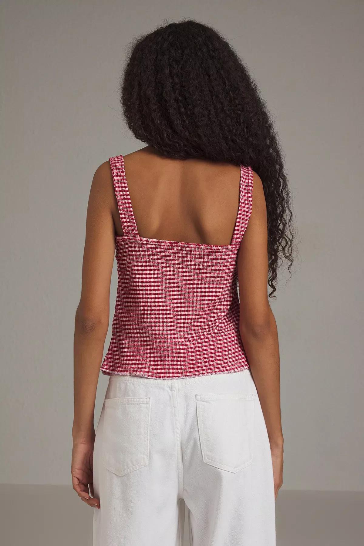 Red Petti Square Patterned Tie Detail Stretchy Knitted Blouse TWOSS25BZ00234, Red, large image number 3