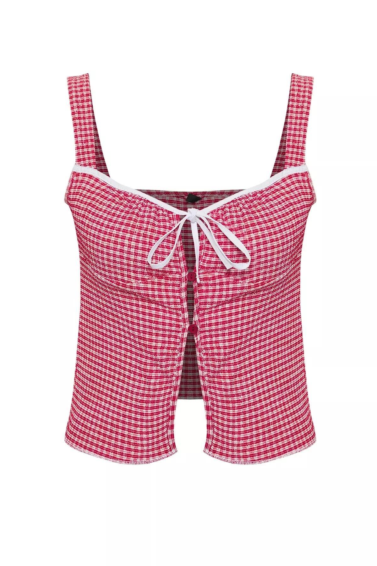 Red Petti Square Patterned Tie Detail Stretchy Knitted Blouse TWOSS25BZ00234, Red, large image number 4