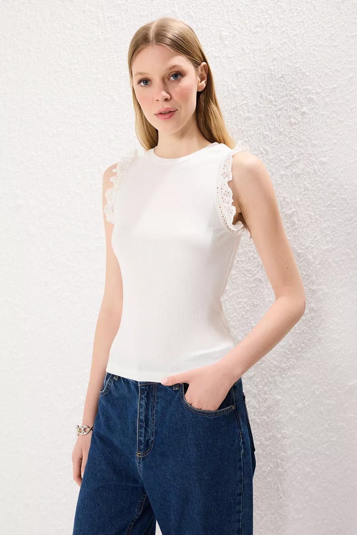 Beige Fitted Ruffle Ribbed Knit Blouse, Ecru, large image number 0