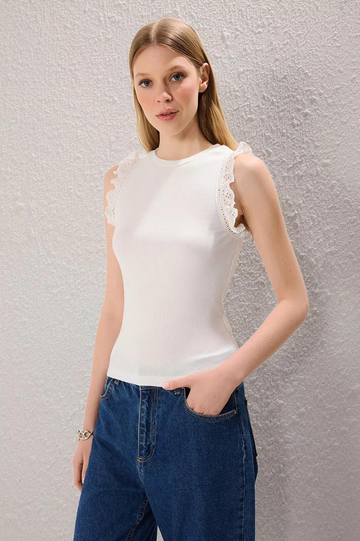 Beige Fitted Ruffle Ribbed Knit Blouse, Ecru, large image number 1