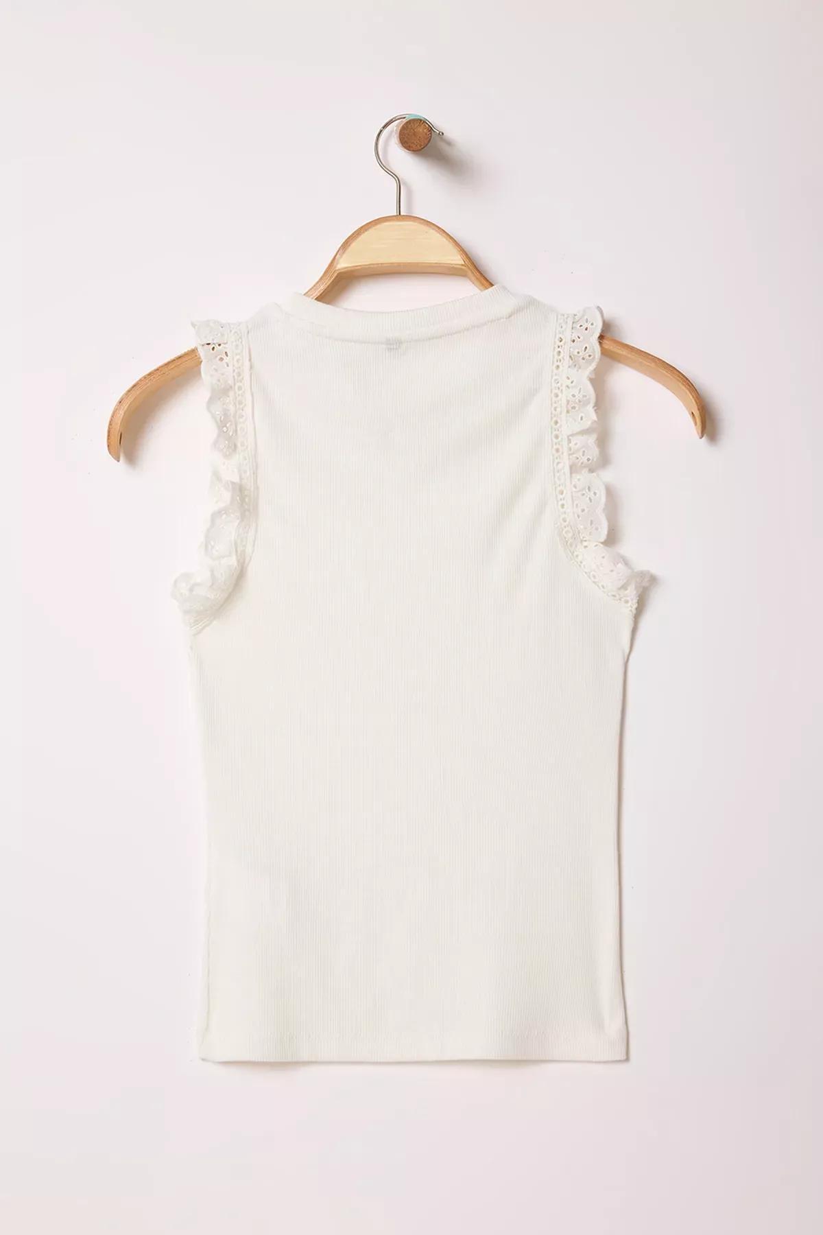 Beige Fitted Ruffle Ribbed Knit Blouse, Ecru, large image number 6
