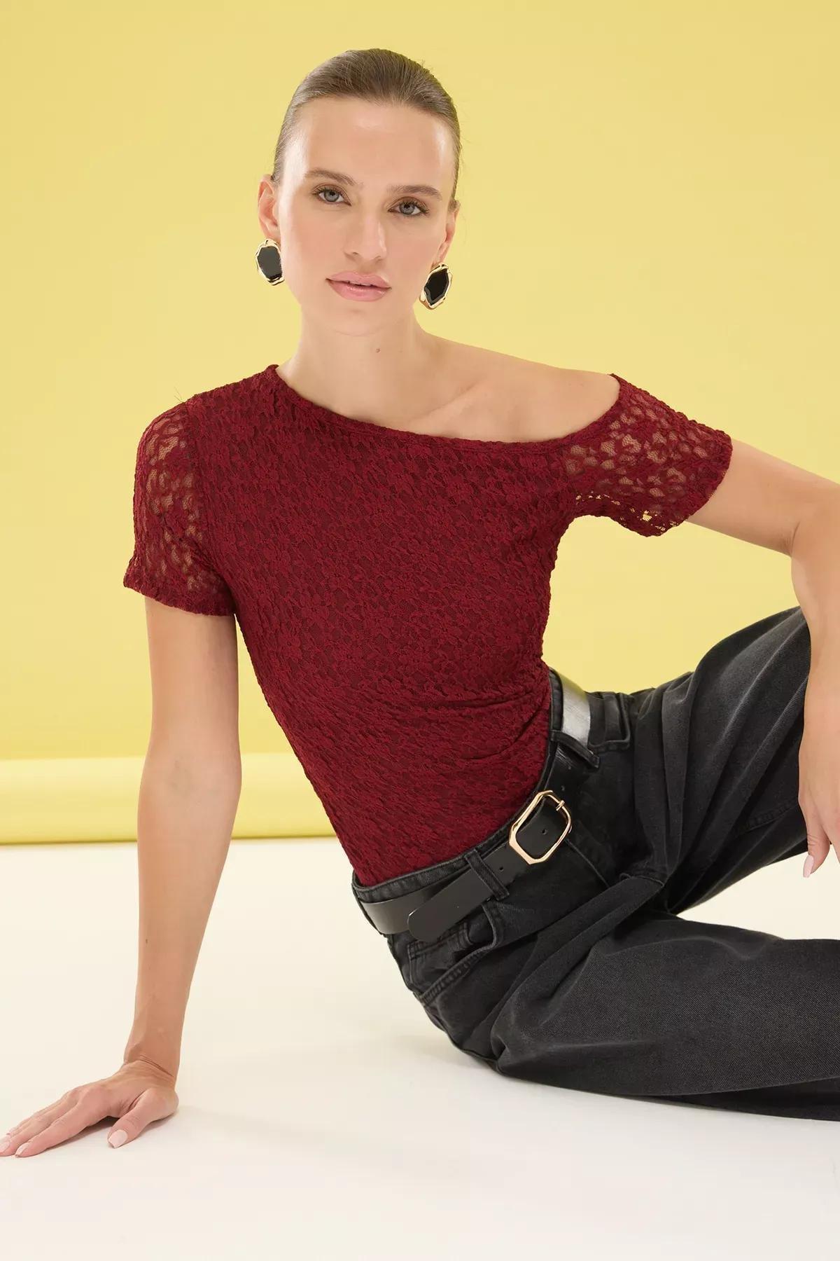 Burgundy Lace Fitted Knit Blouse, , large image number 0