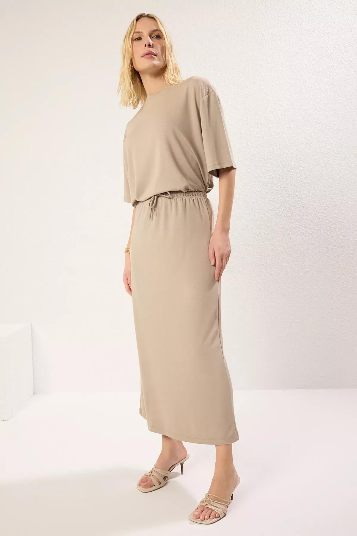 Beige Soft Tie Maxi Skirt, , large image number 0