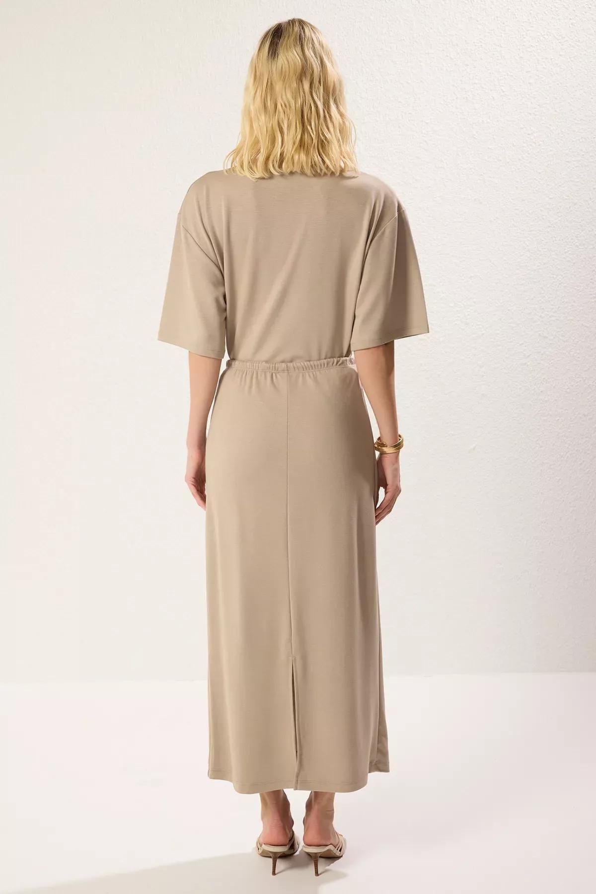Beige Soft Tie Maxi Skirt, , large image number 4