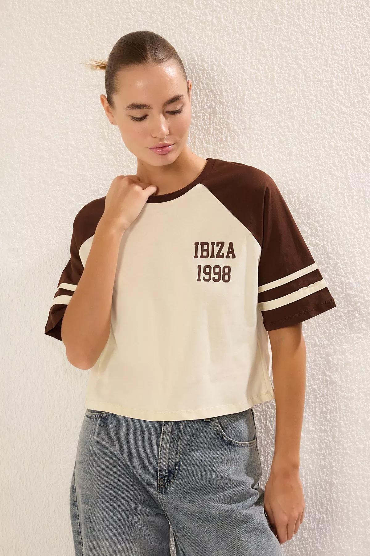 Beige Color Block Slogan Knit T-shirt, STONE, large image number 0