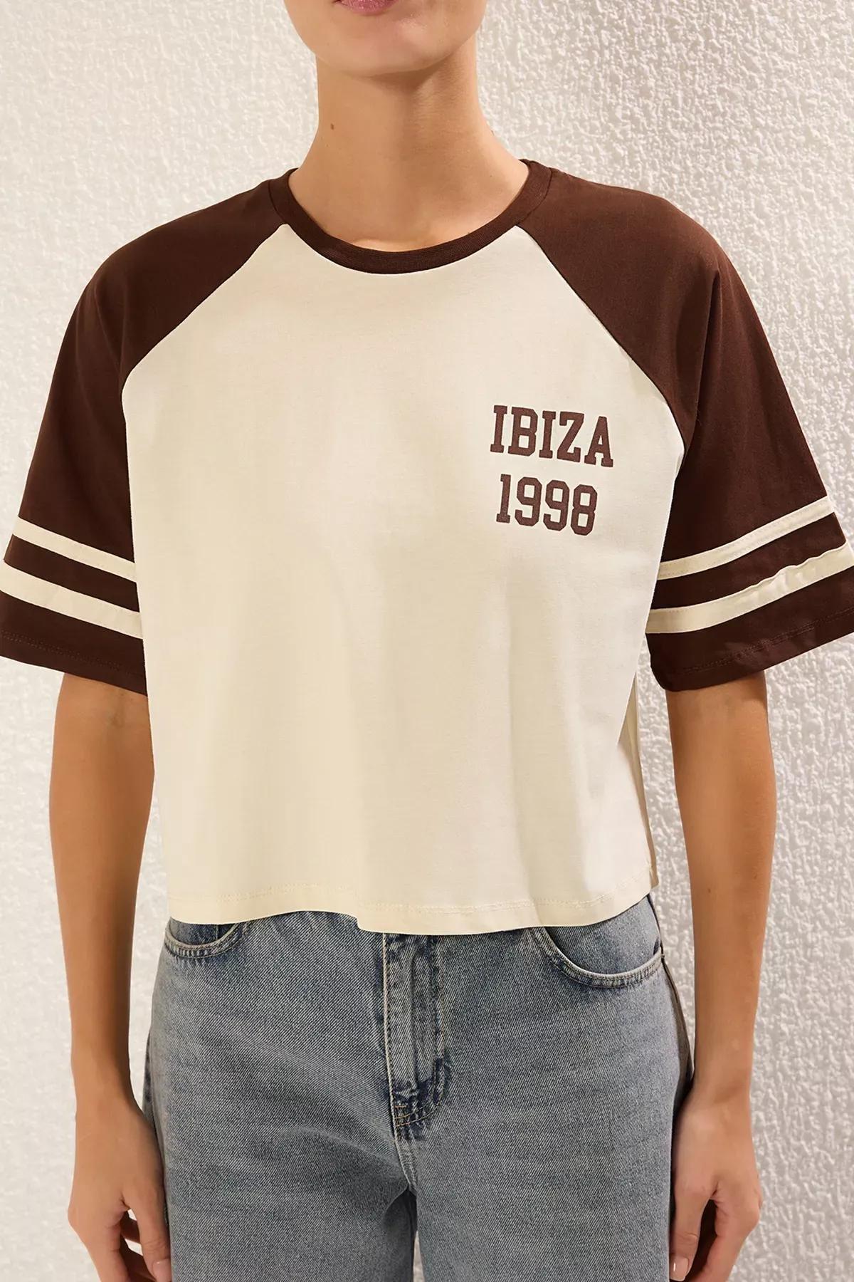 Beige Color Block Slogan Knit T-shirt, STONE, large image number 2